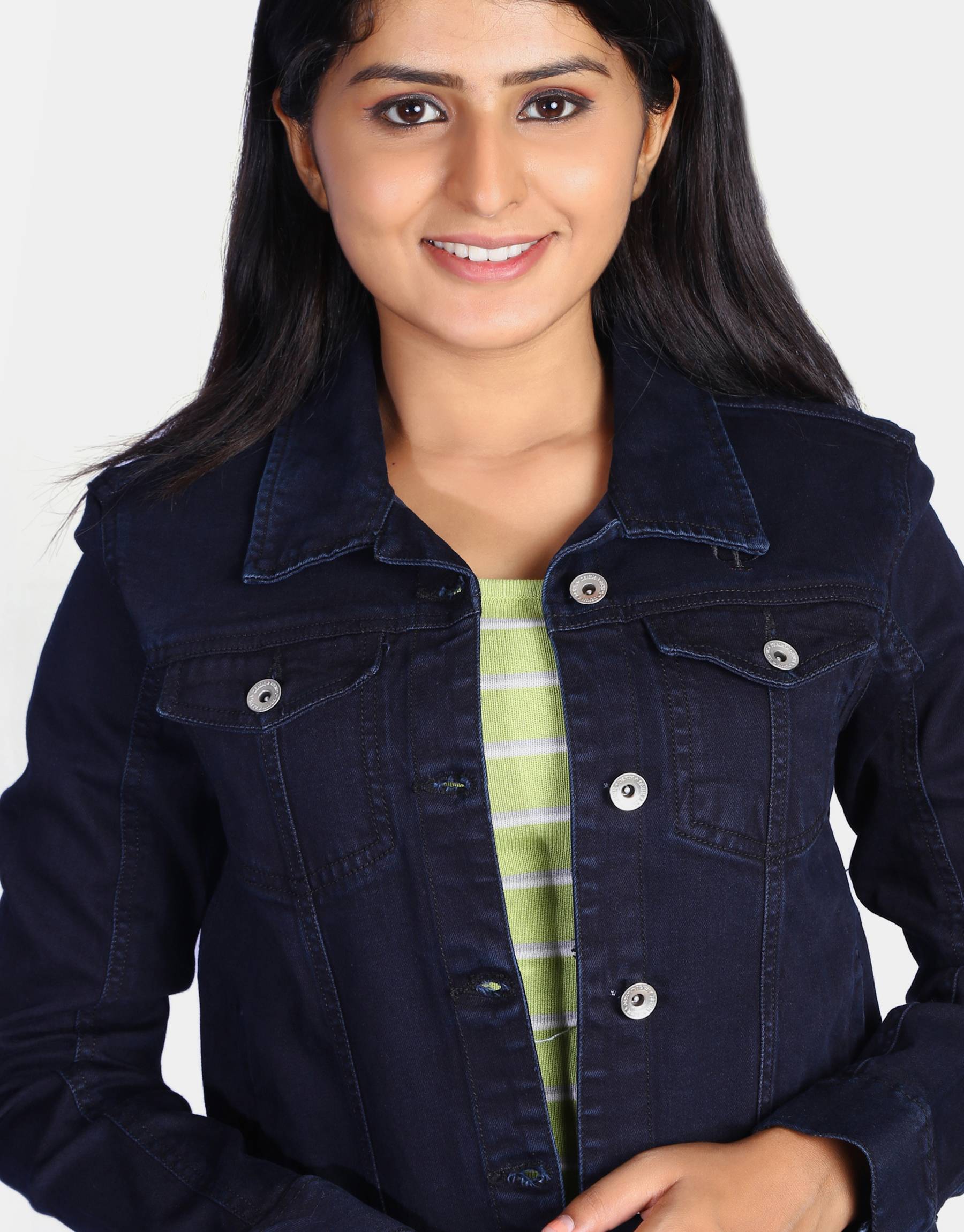 Women Dark Blue Solid Denim Jacket