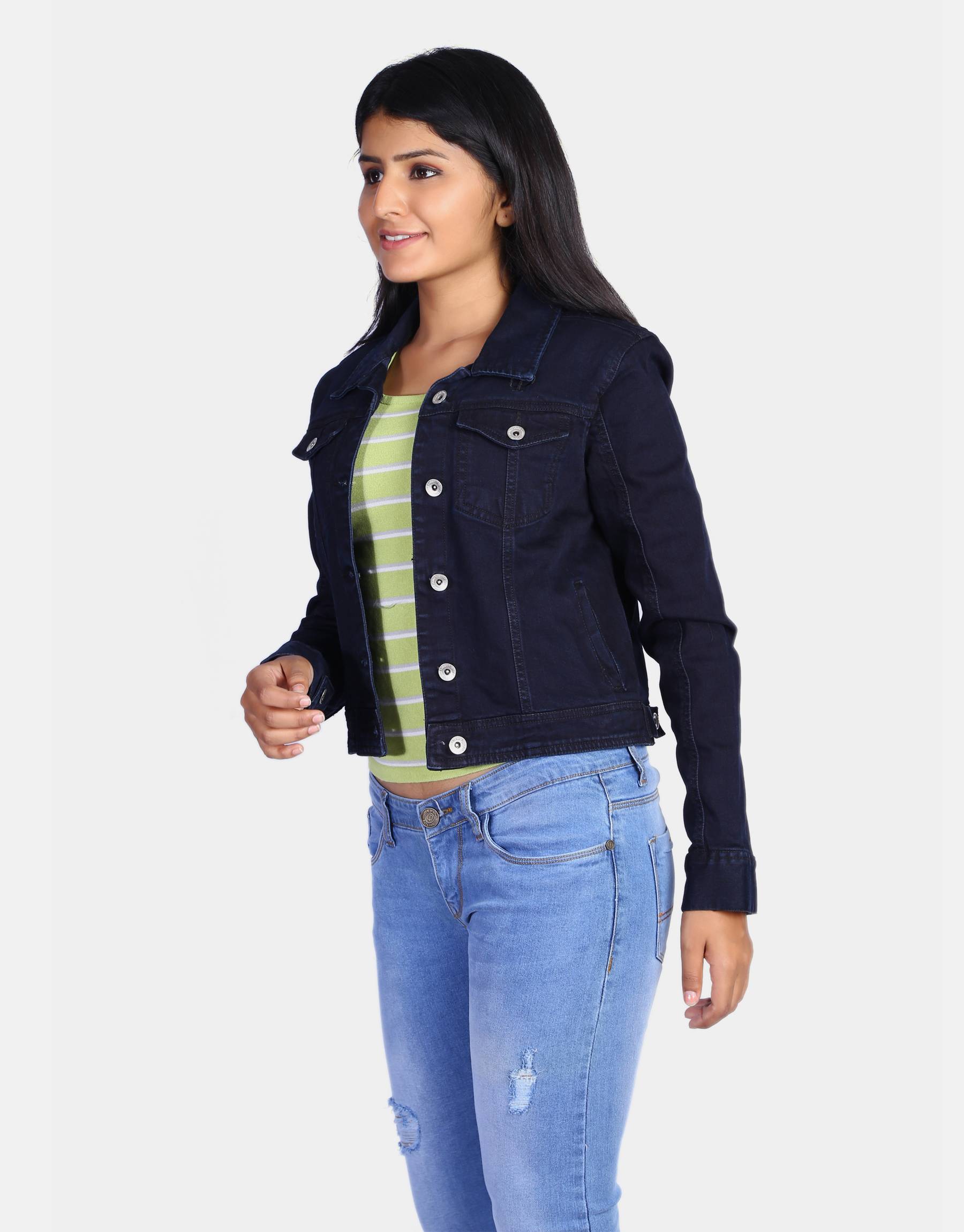 Women Dark Blue Solid Denim Jacket
