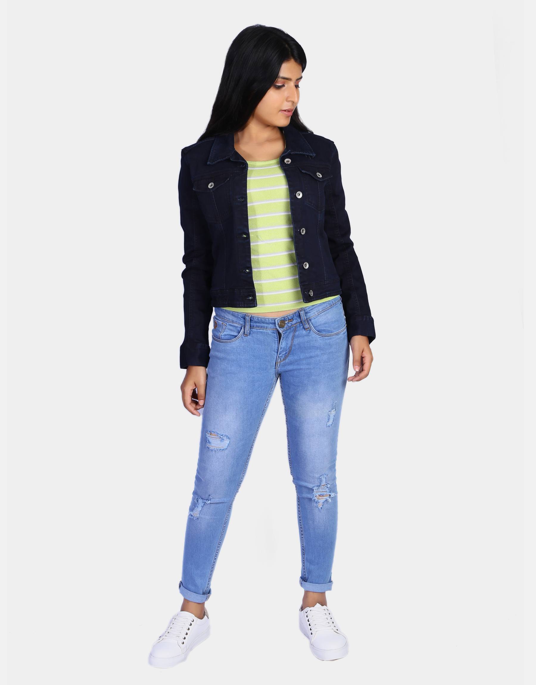 Women Dark Blue Solid Denim Jacket