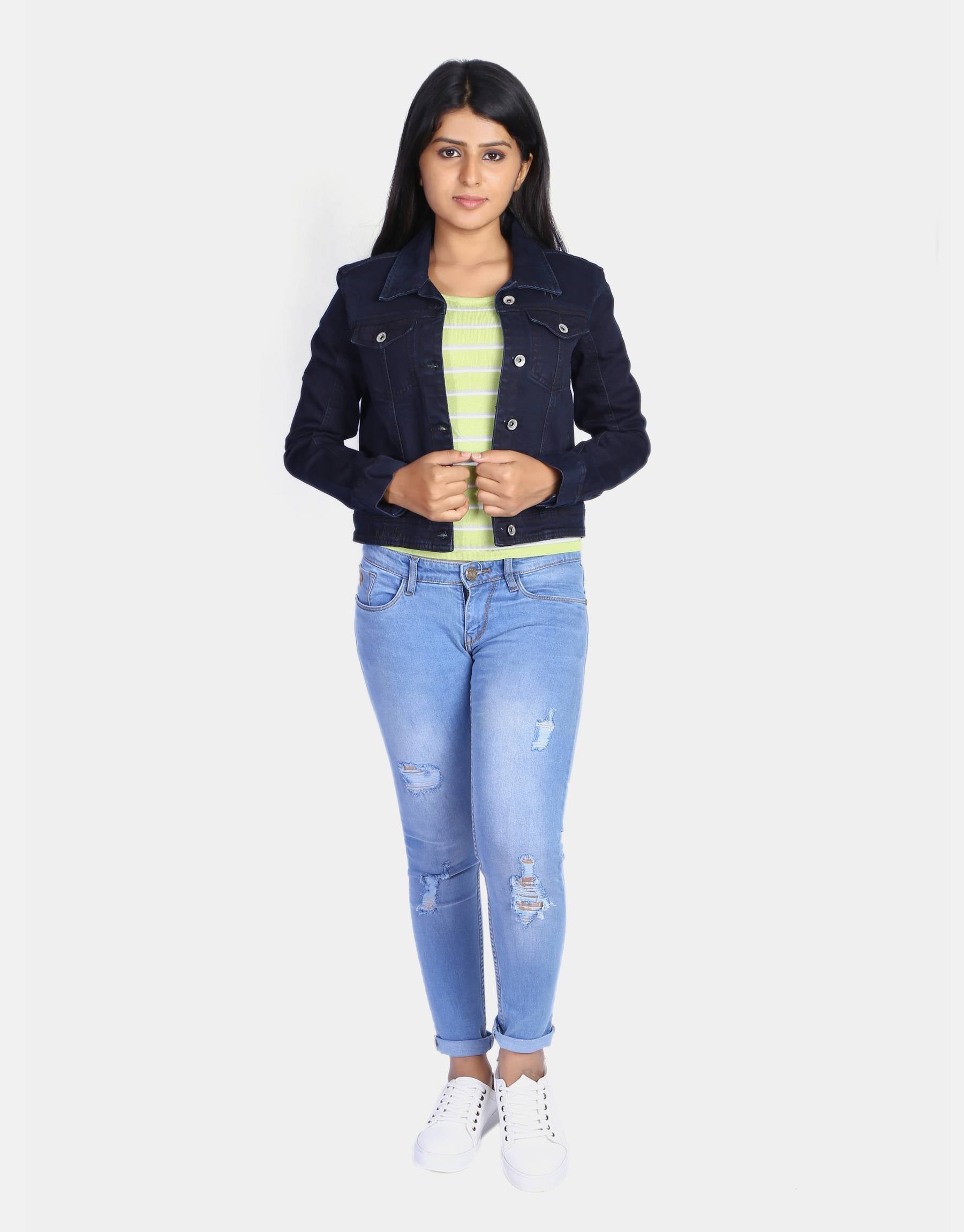 Women Dark Blue Solid Denim Jacket