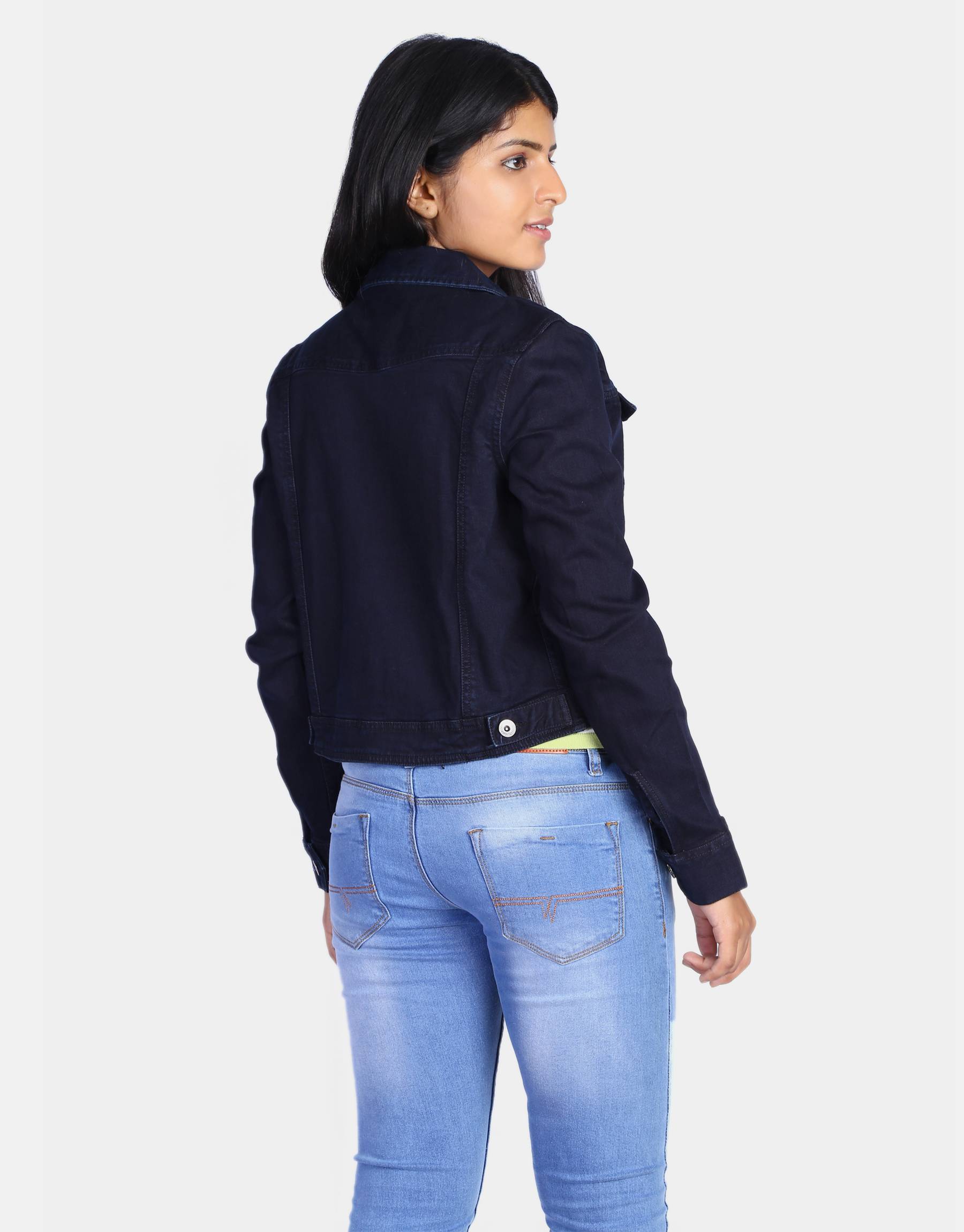 Women Dark Blue Solid Denim Jacket