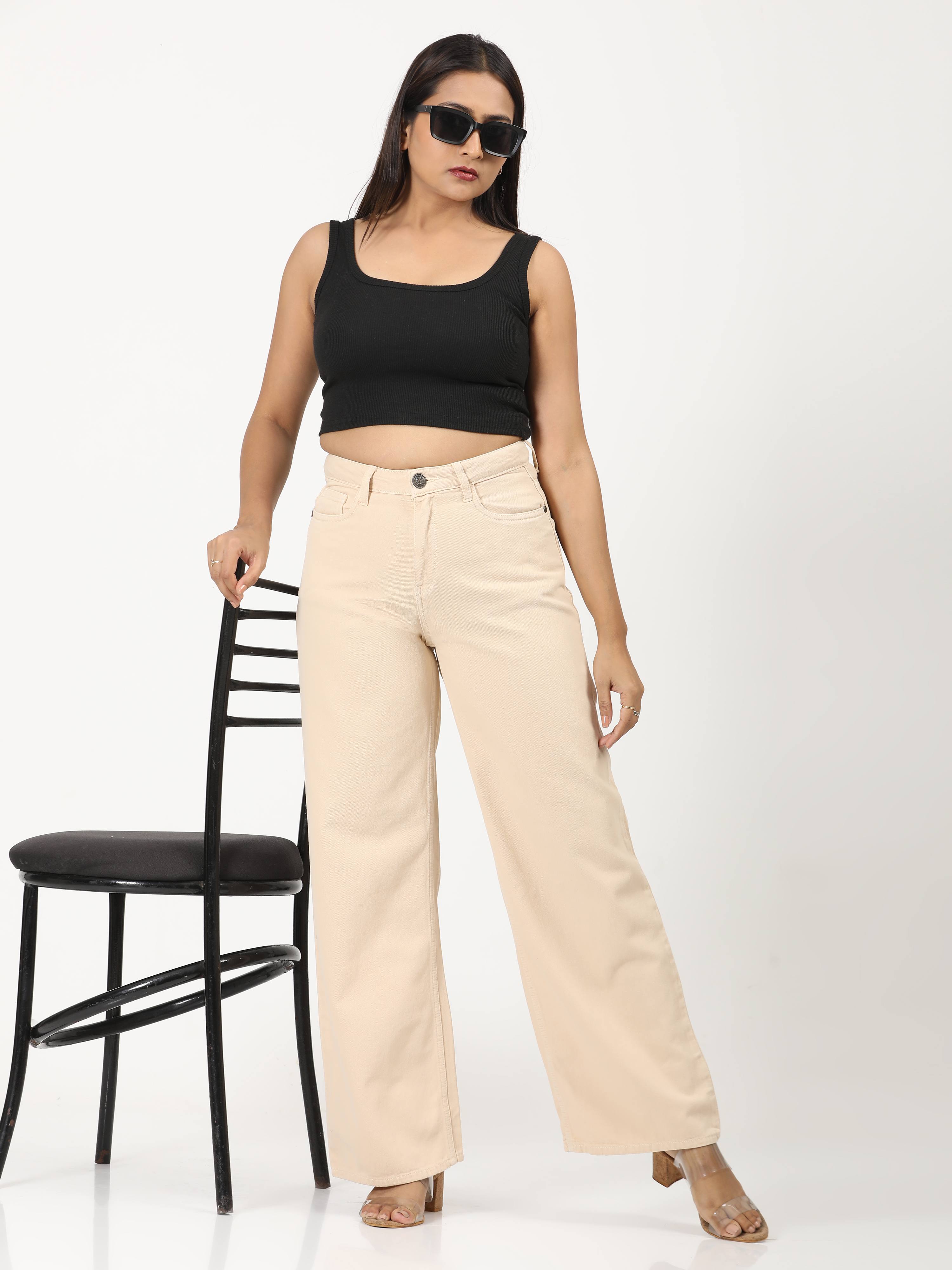 High Rise Wide Leg Denim - Beige.