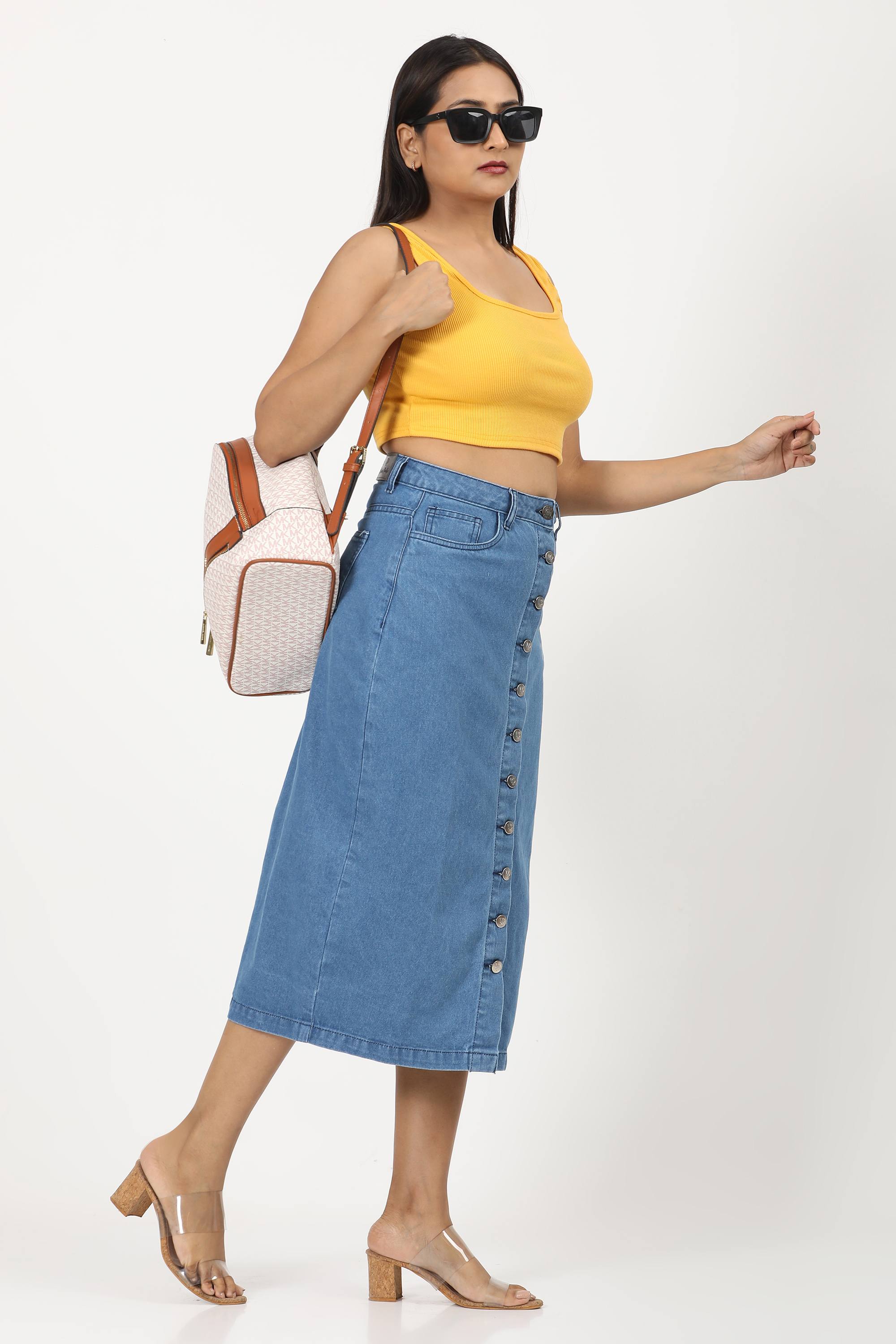 Denim Skirt Laser print- Mid Blue