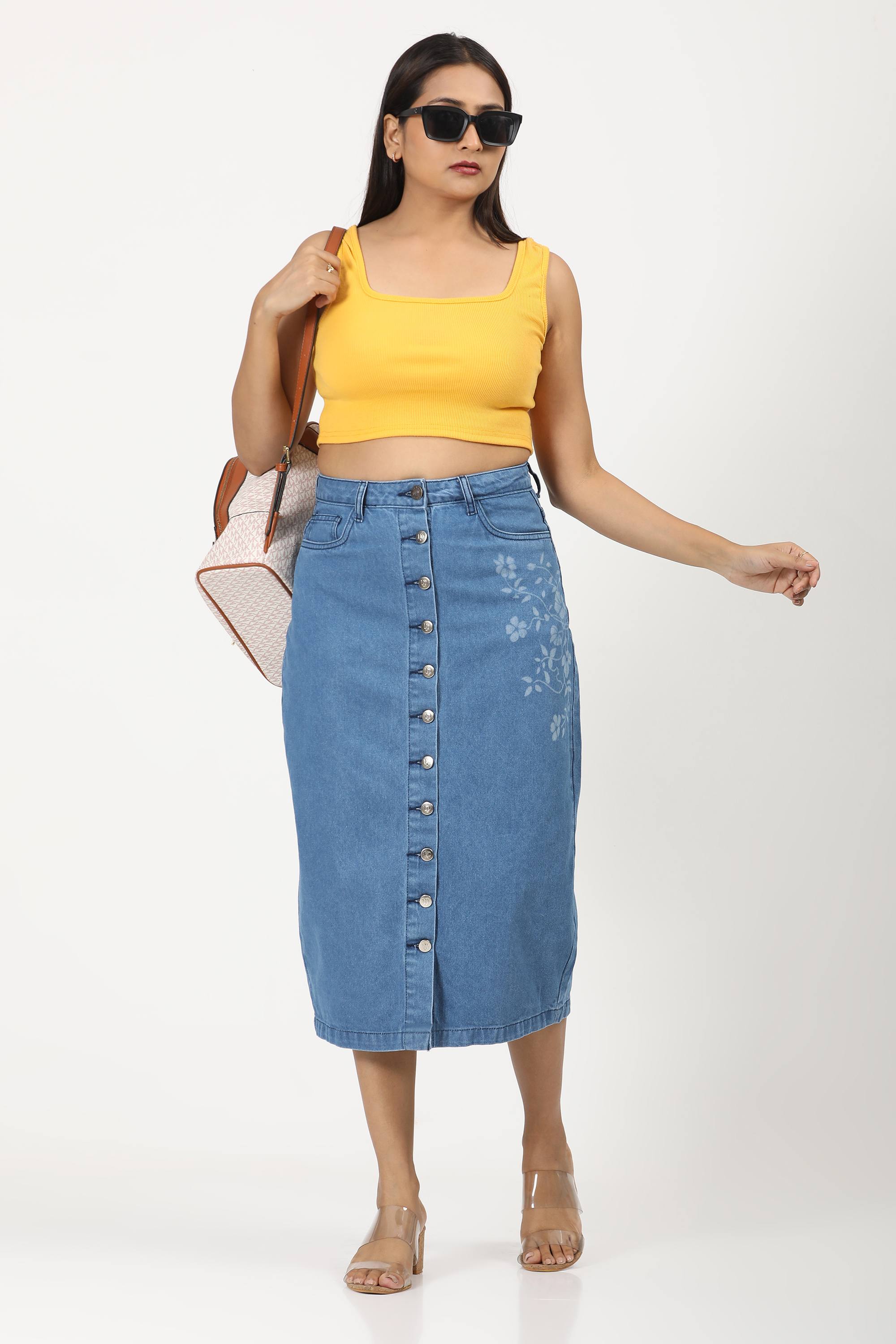 Denim Skirt Laser print- Mid Blue