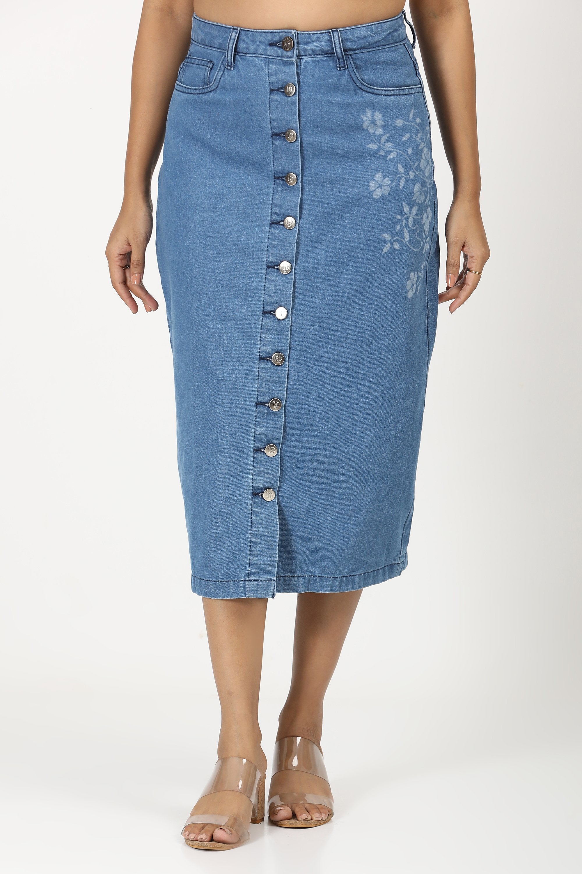 Denim Skirt Laser print- Mid Blue