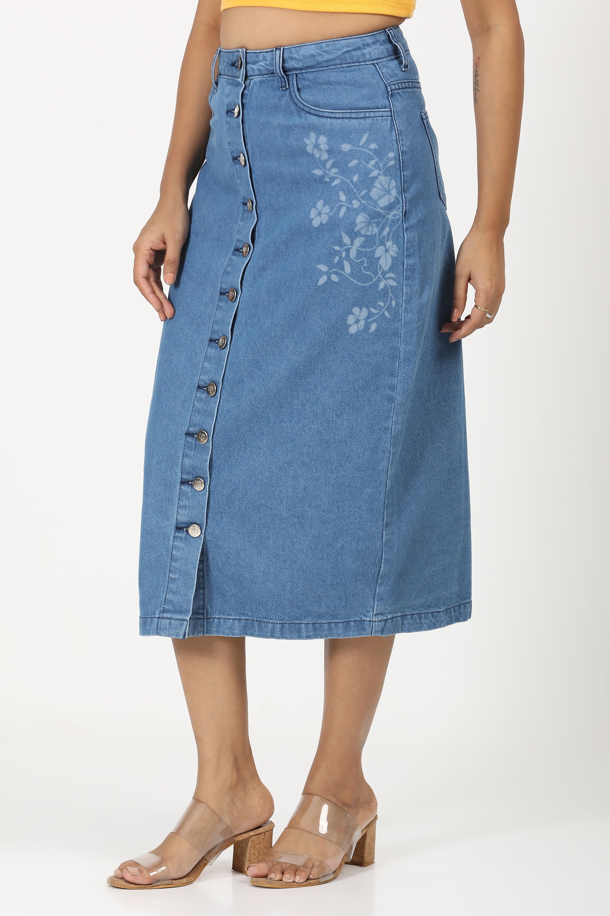 Denim Skirt Laser print- Mid Blue