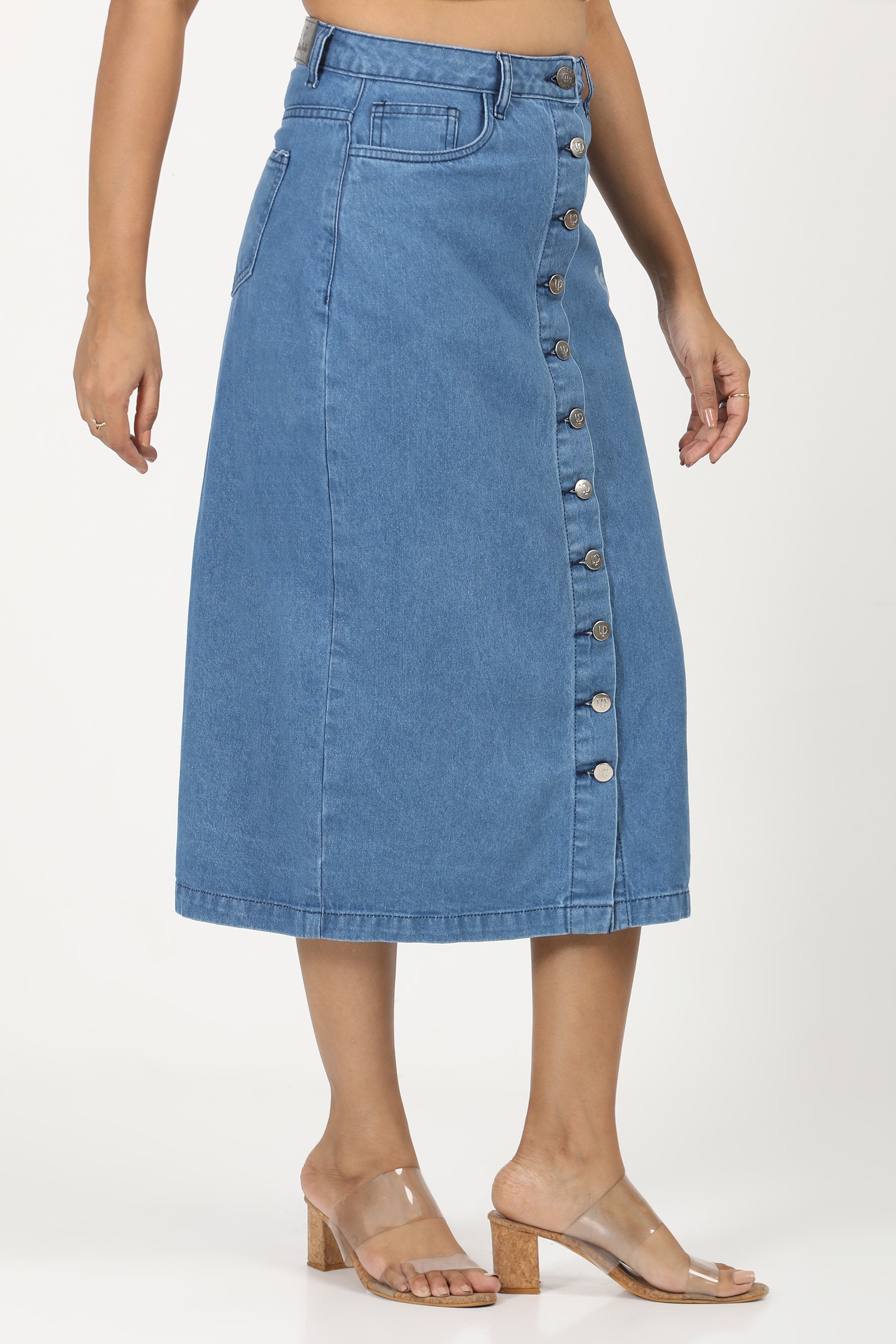 Denim Skirt Laser print- Mid Blue