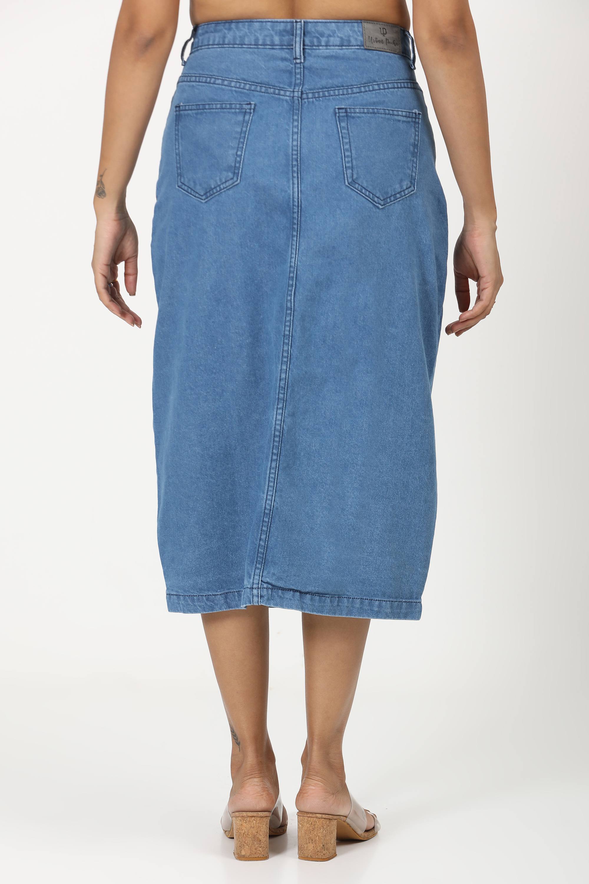 Denim Skirt Laser print- Mid Blue