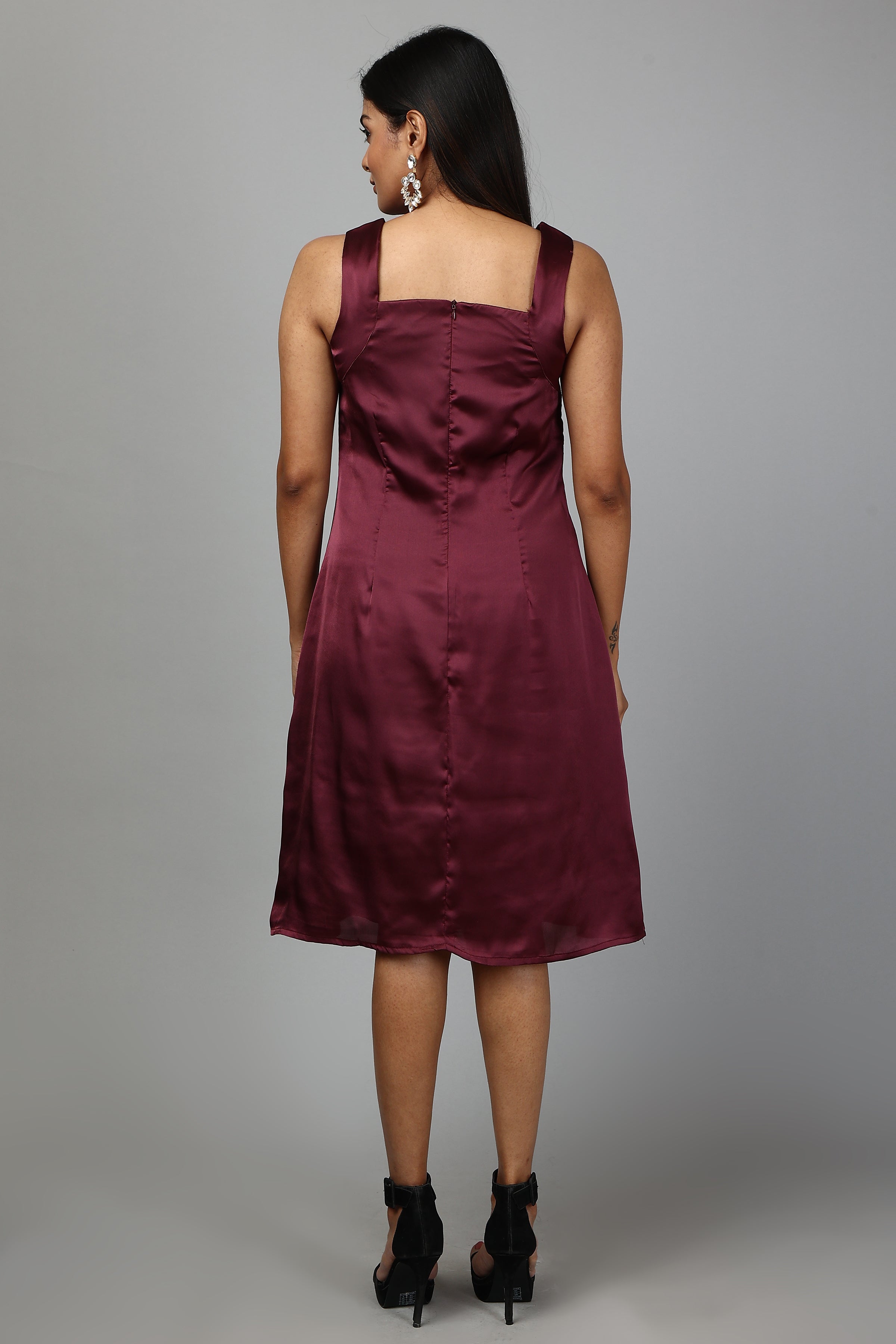 Solid Satin A-Line Dress- Wine