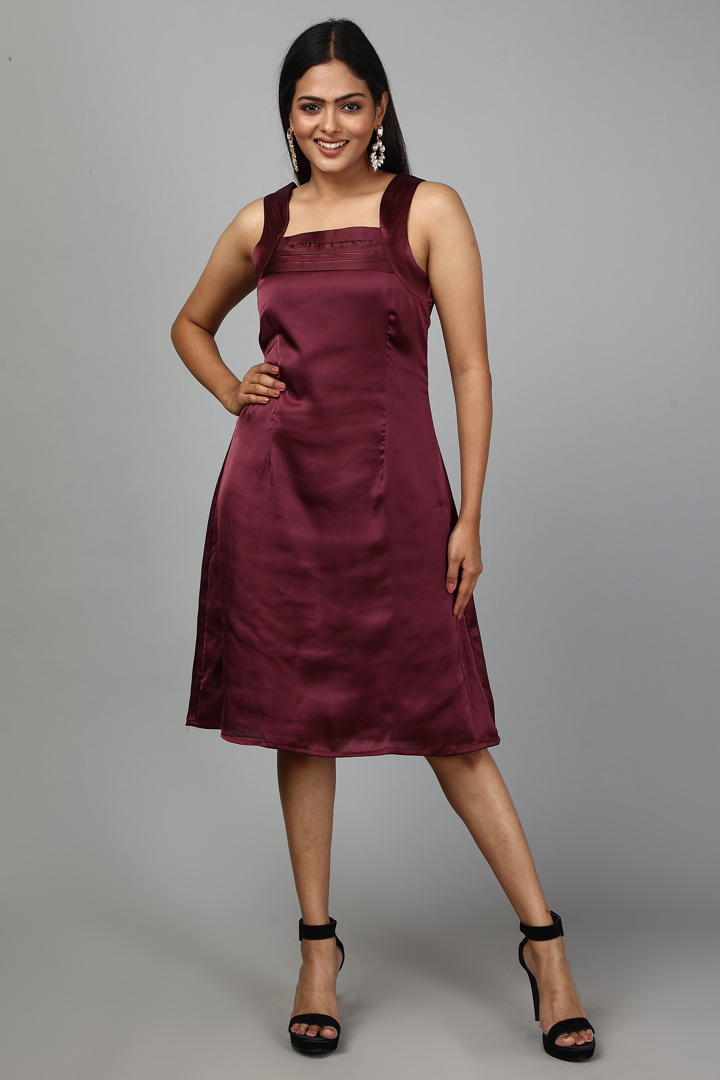 Solid Satin A-Line Dress- Wine