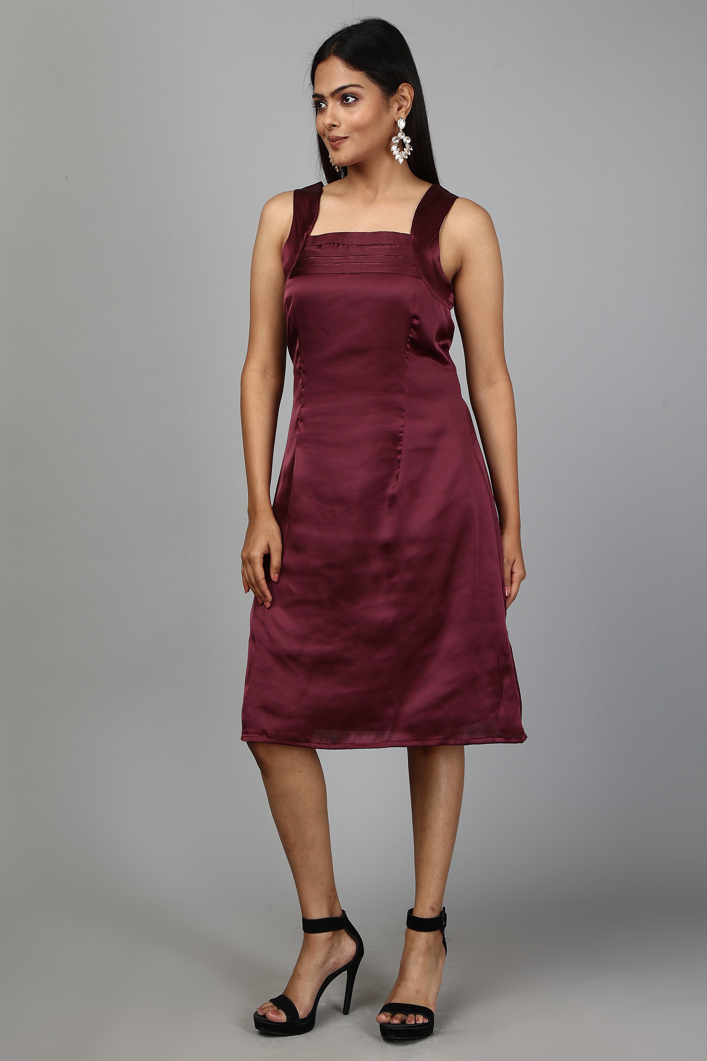 Solid Satin A-Line Dress- Wine