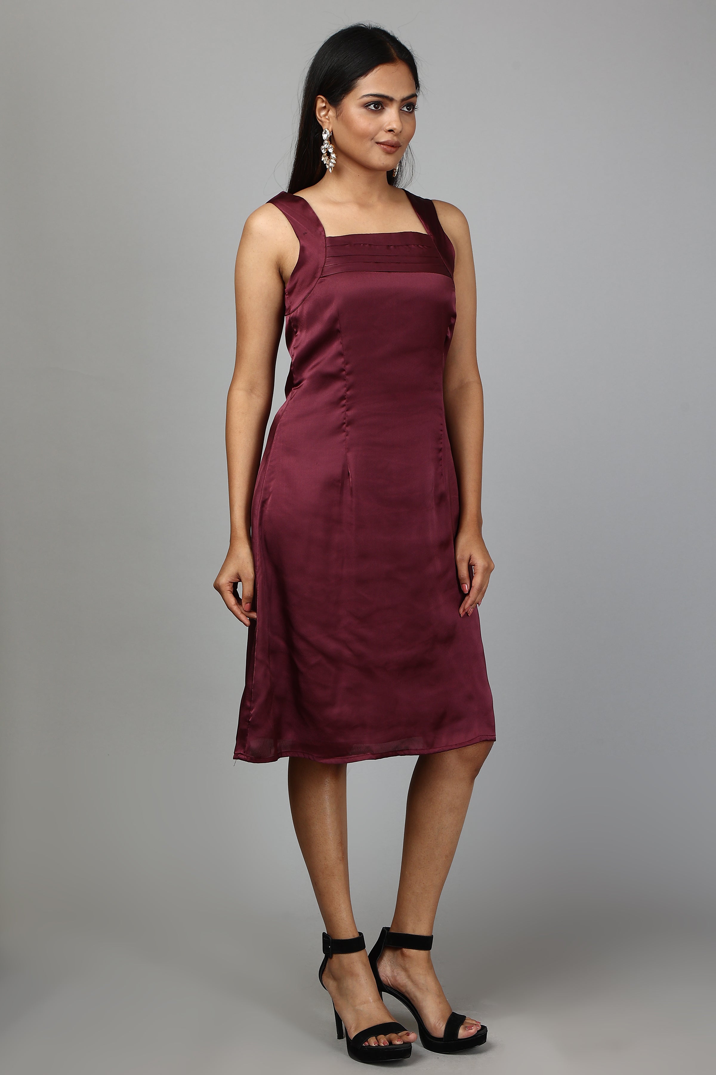 Solid Satin A-Line Dress- Wine