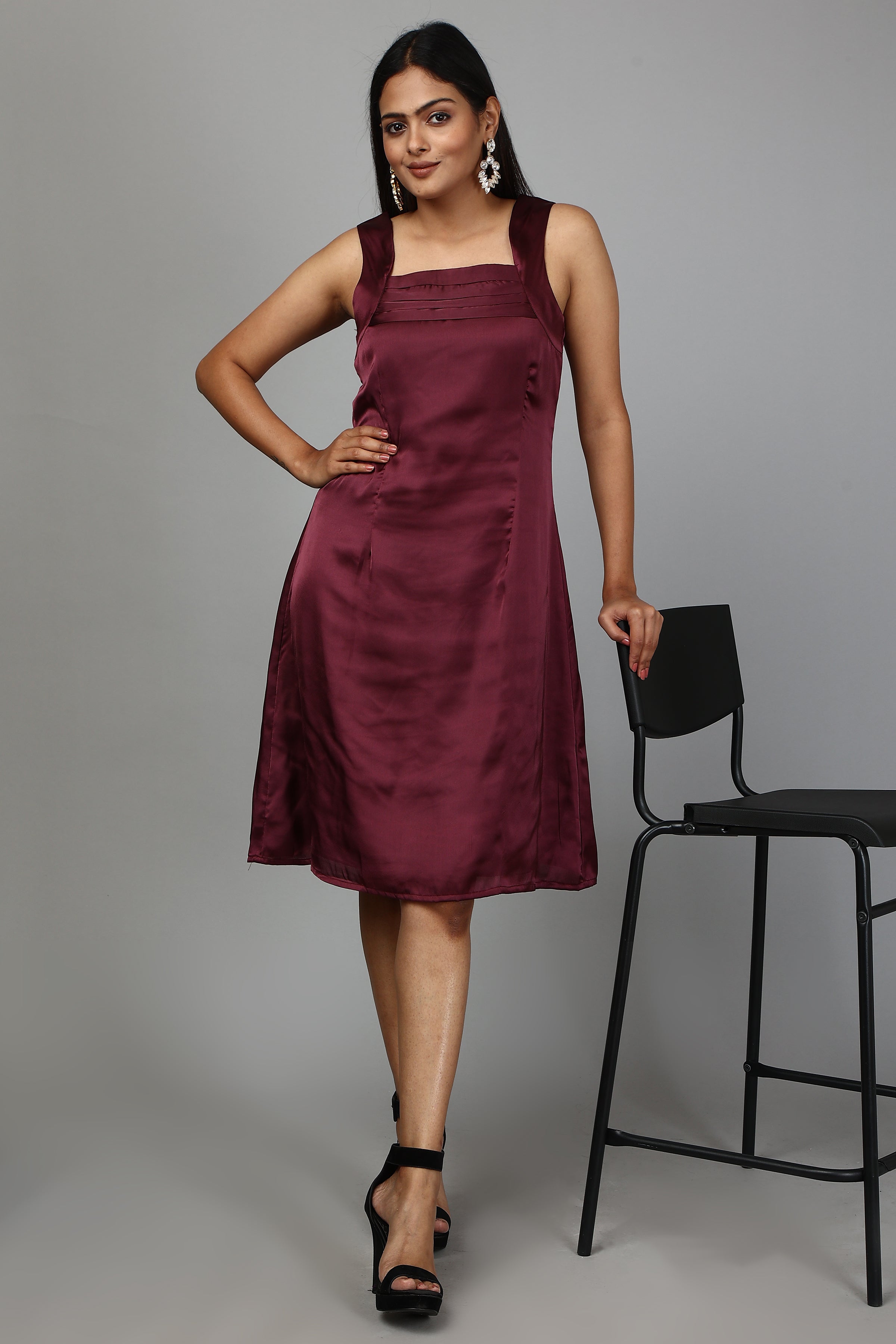 Solid Satin A-Line Dress- Wine