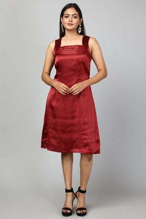 Solid Satin A-Line Dress- Burgundy