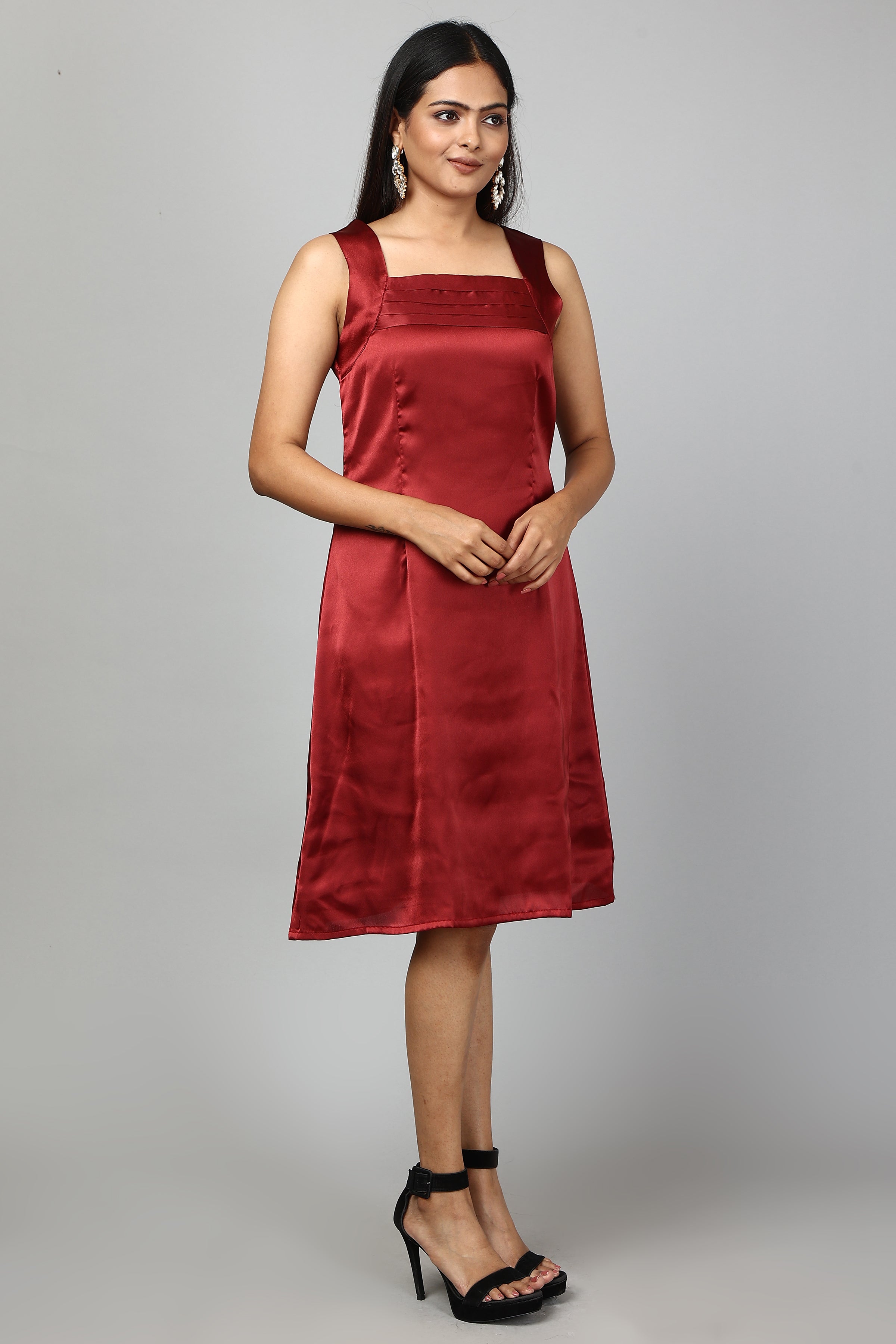 Solid Satin A-Line Dress- Burgundy