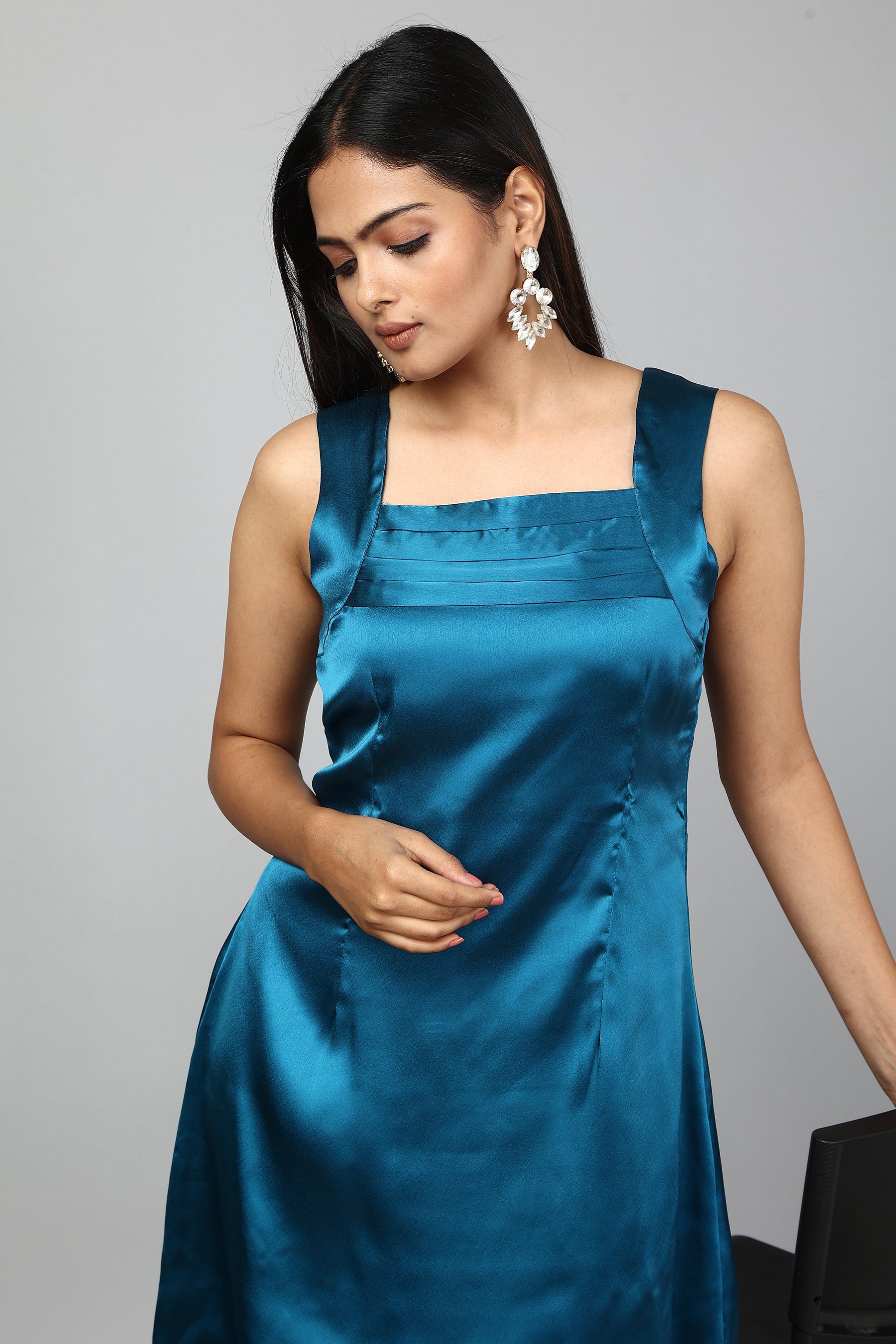 Solid Satin A-Line Dress- Rama Green