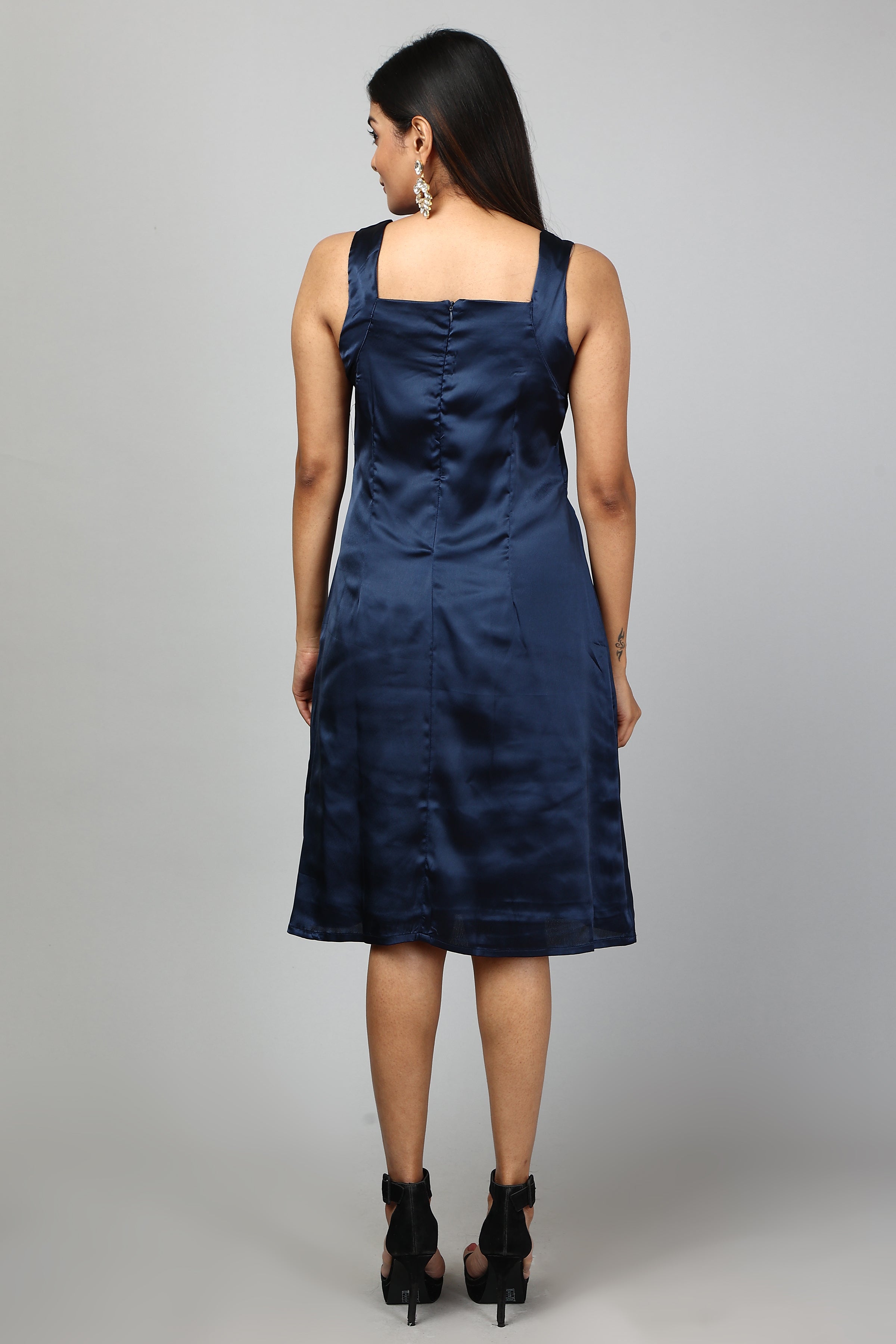 Solid Satin A-Line Dress- Navy Blue