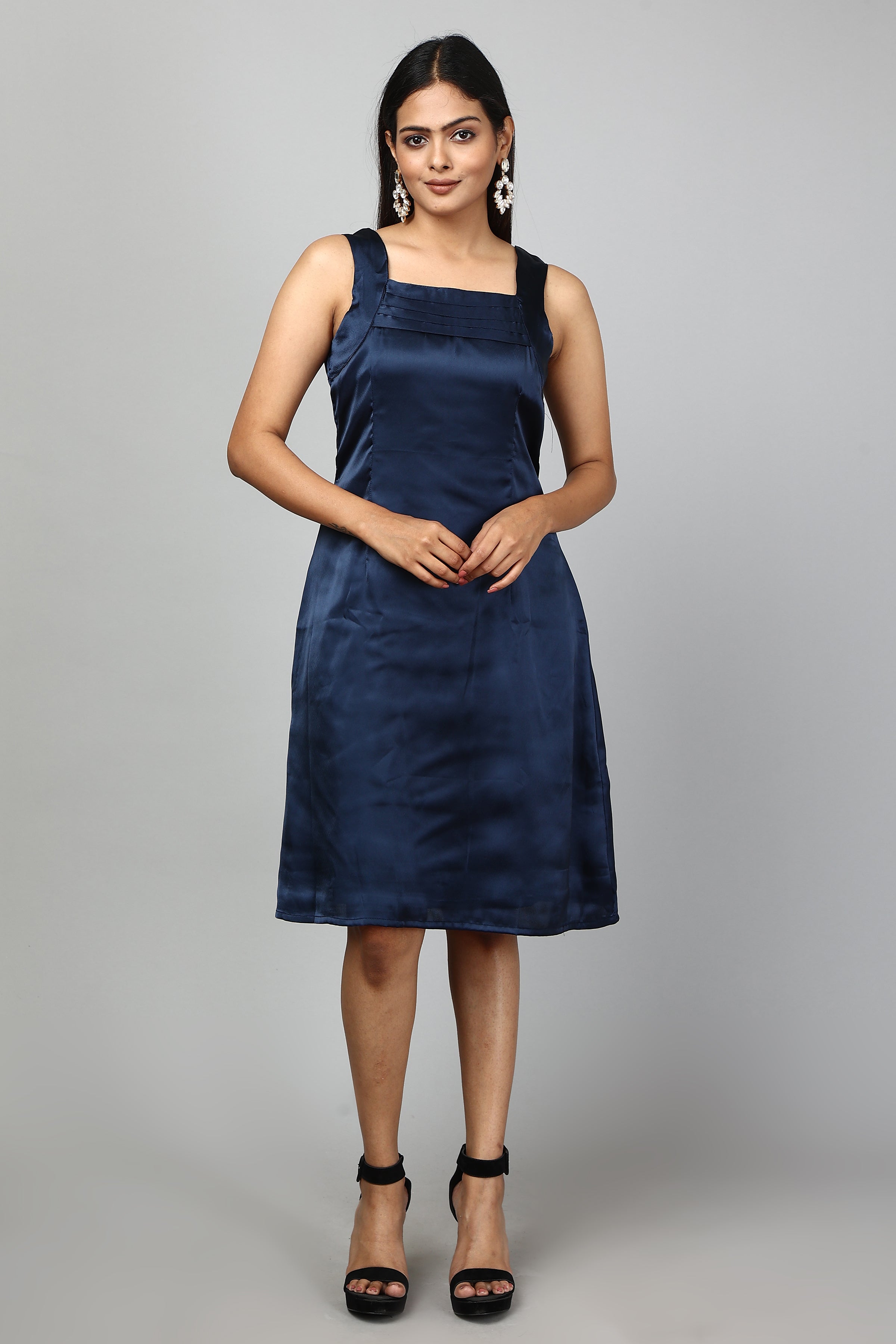 Solid Satin A-Line Dress- Navy Blue