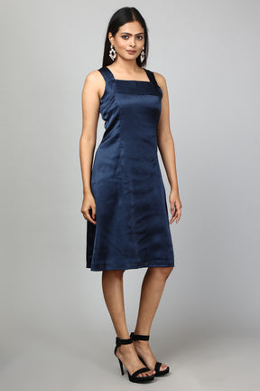 Solid Satin A-Line Dress- Navy Blue