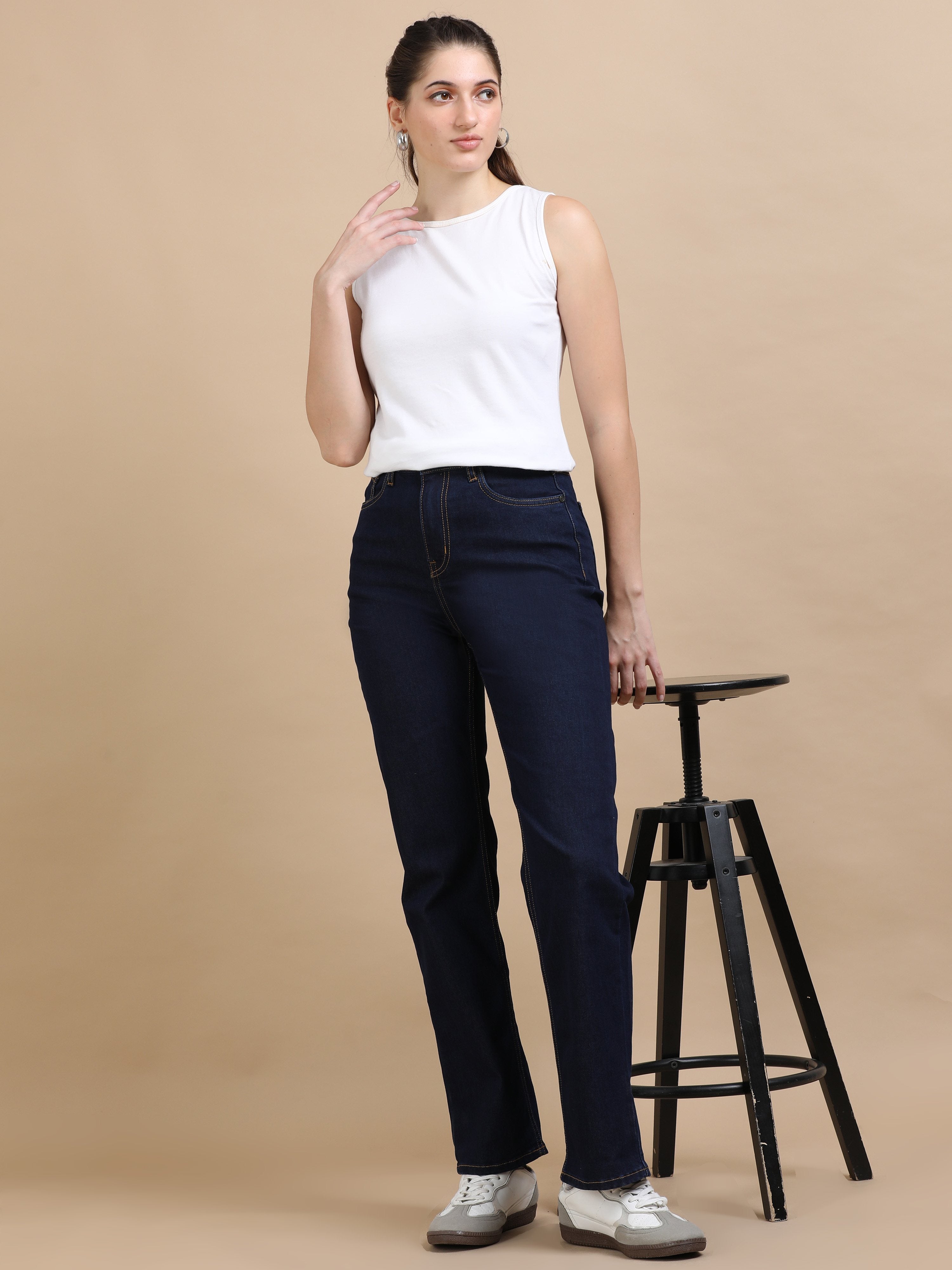 High Waist Straight Fit Stretchable Jeans-Indigo