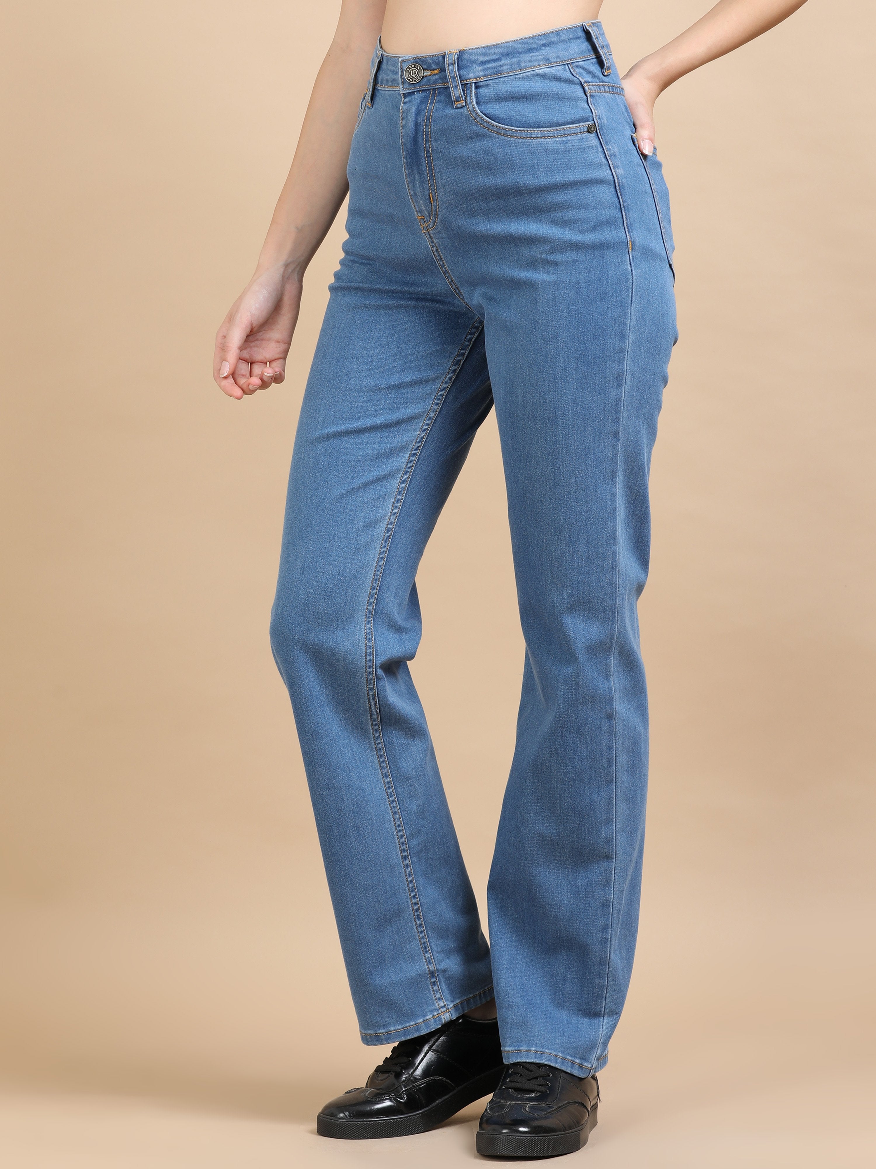 High Waist Straight Fit stretchable Jeans-Mid Blue