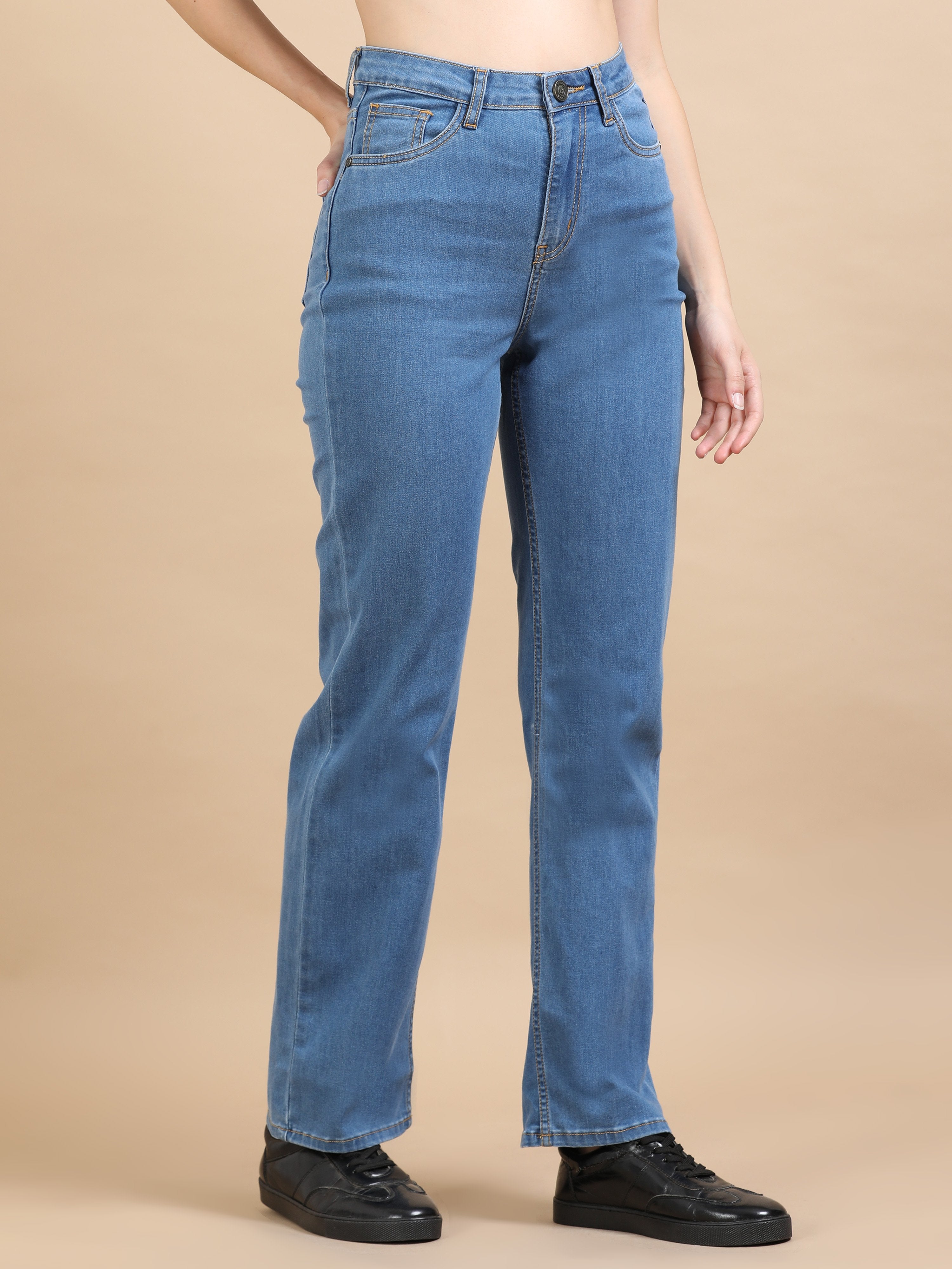 High Waist Straight Fit stretchable Jeans-Mid Blue