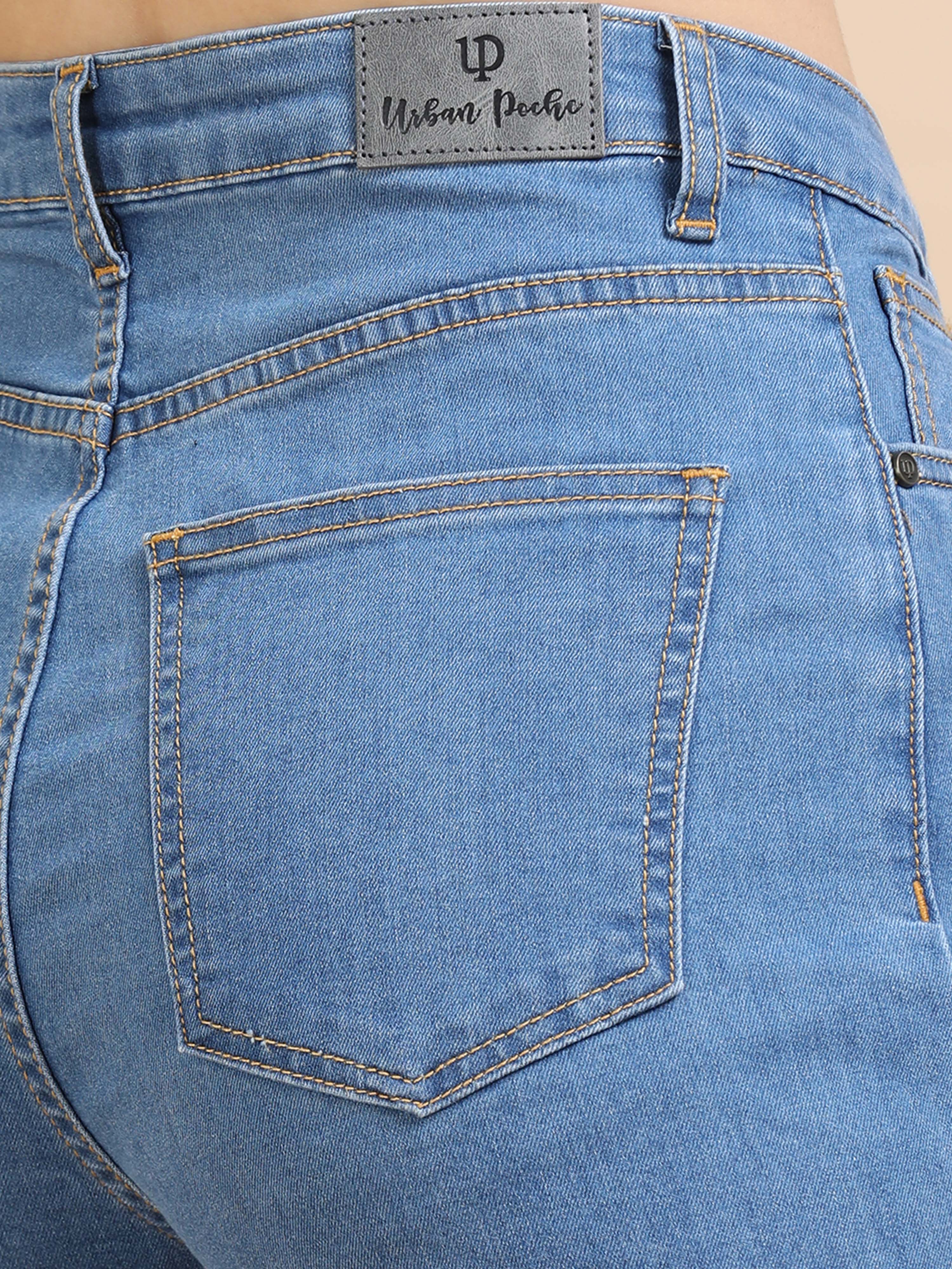 High Waist Straight Fit stretchable Jeans-Mid Blue