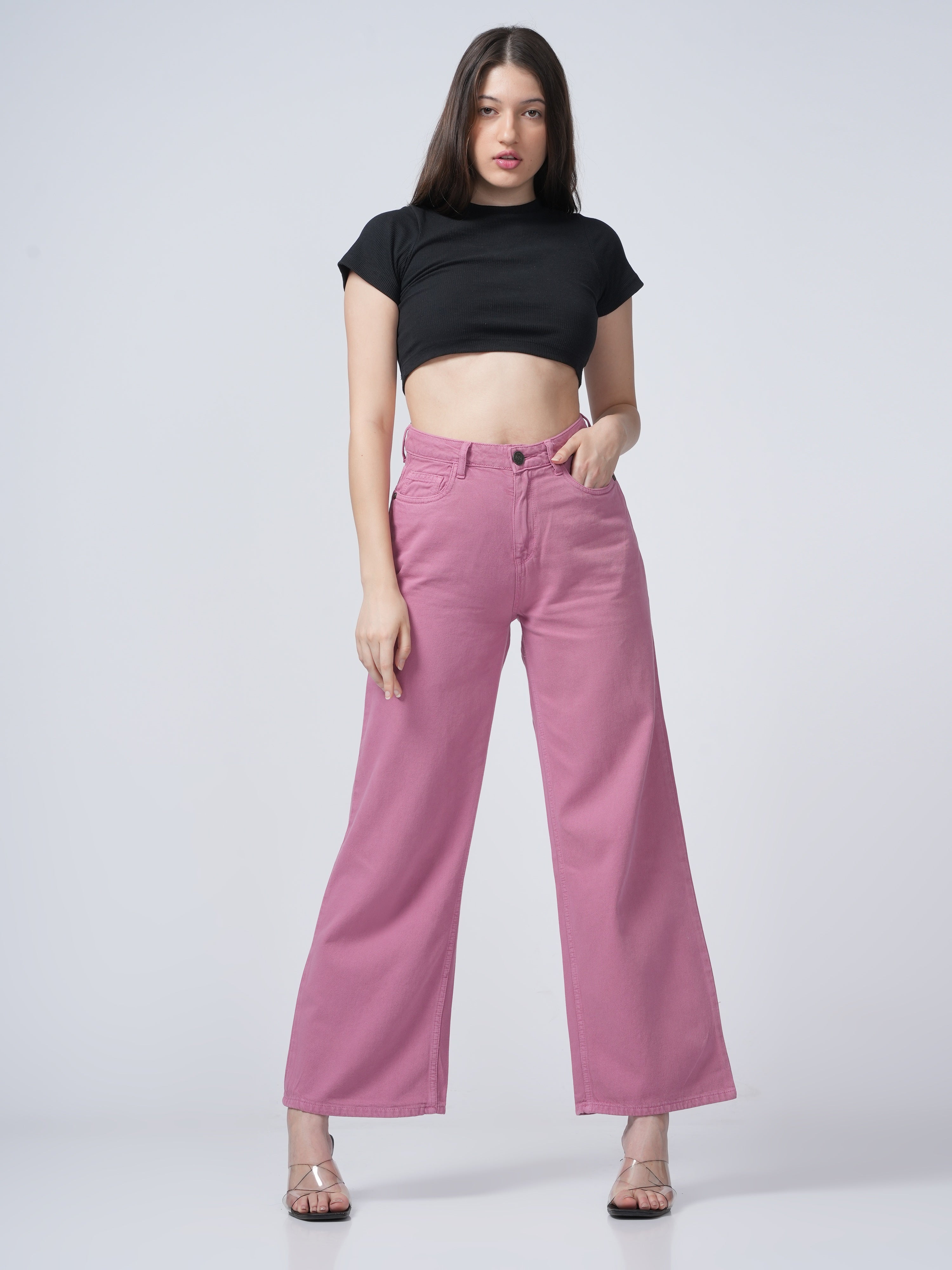 High Rise Wide Leg Denim - Pink.