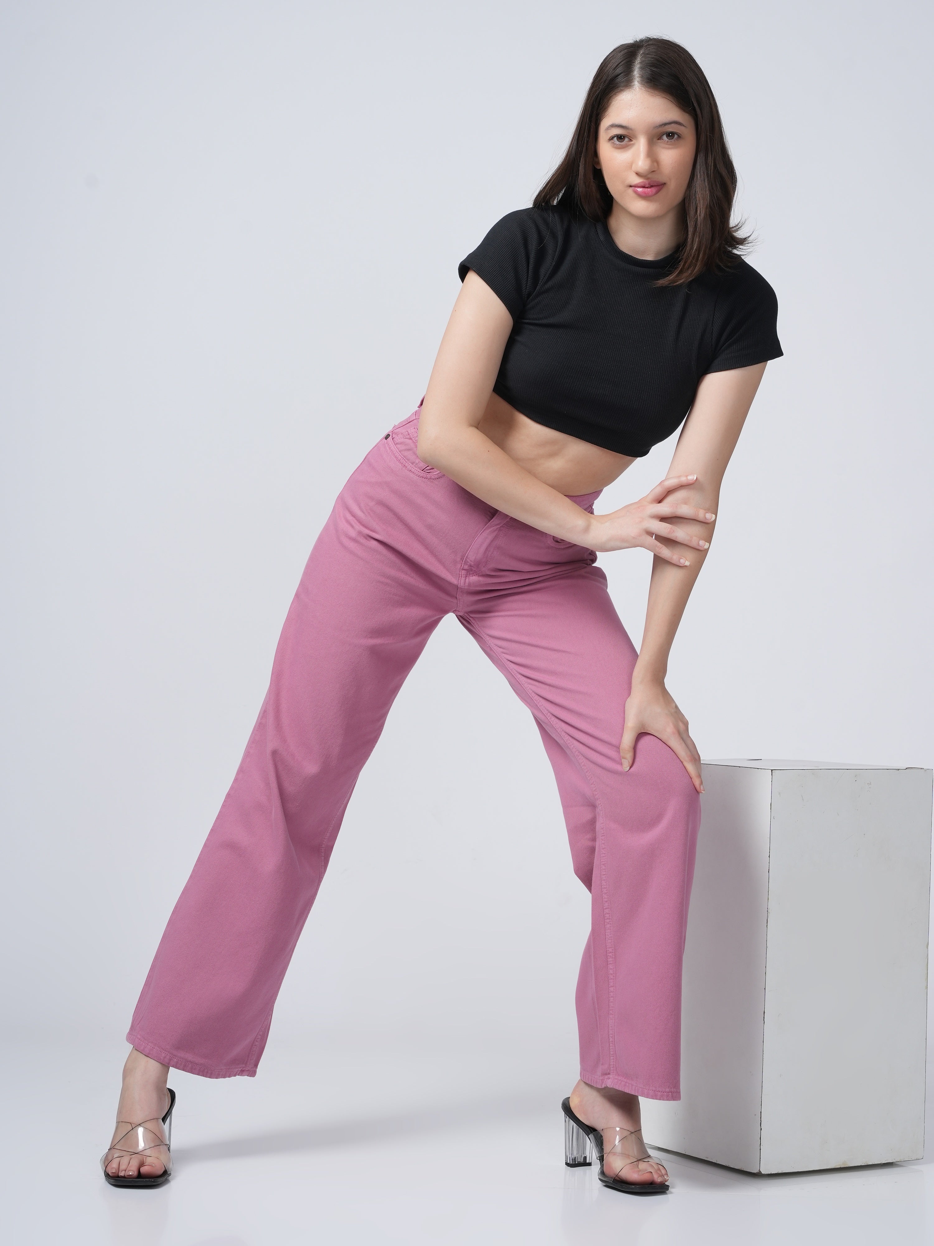 High Rise Wide Leg Denim - Pink.