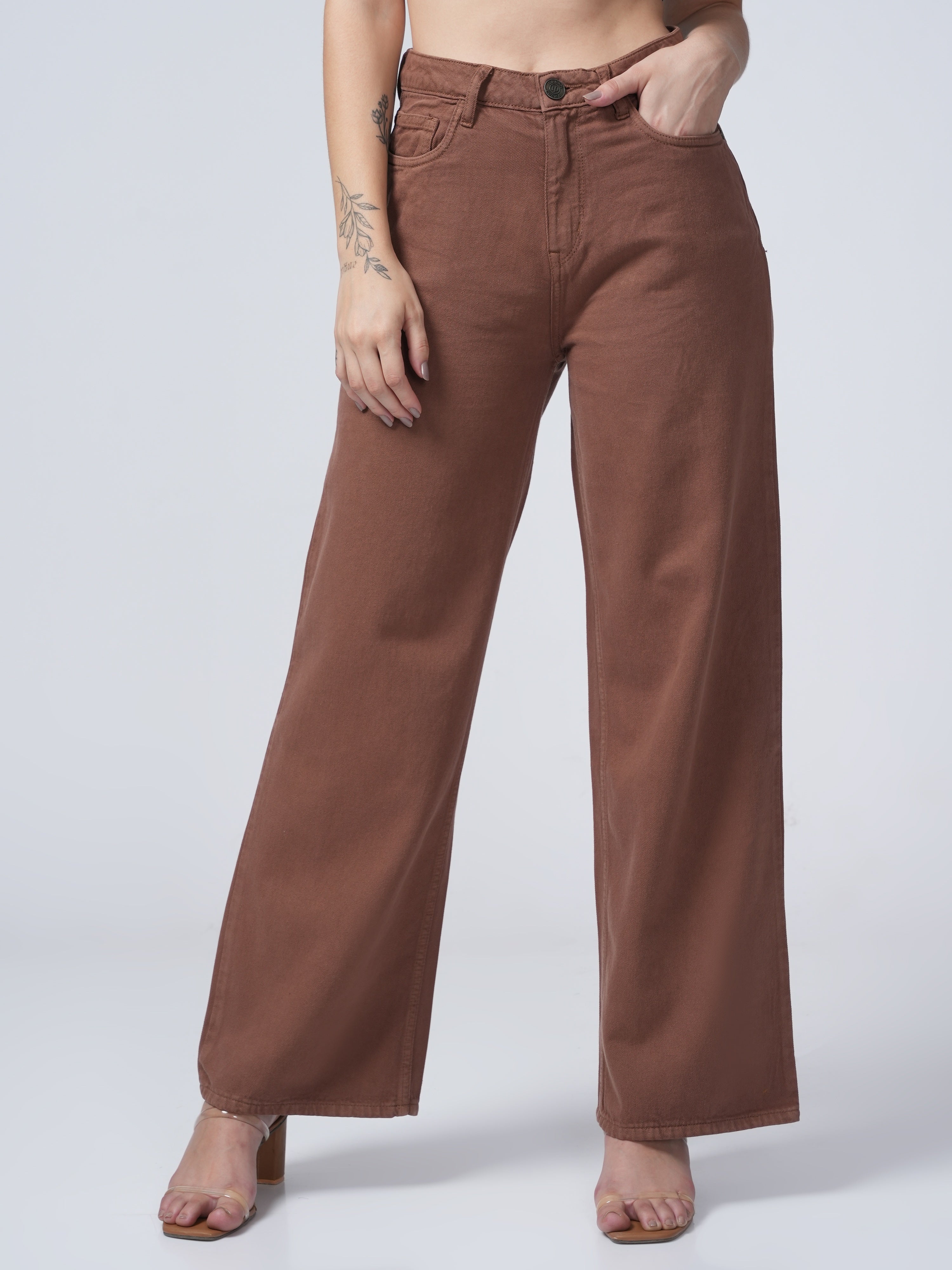 High Rise Wide Leg Denim - Brown.