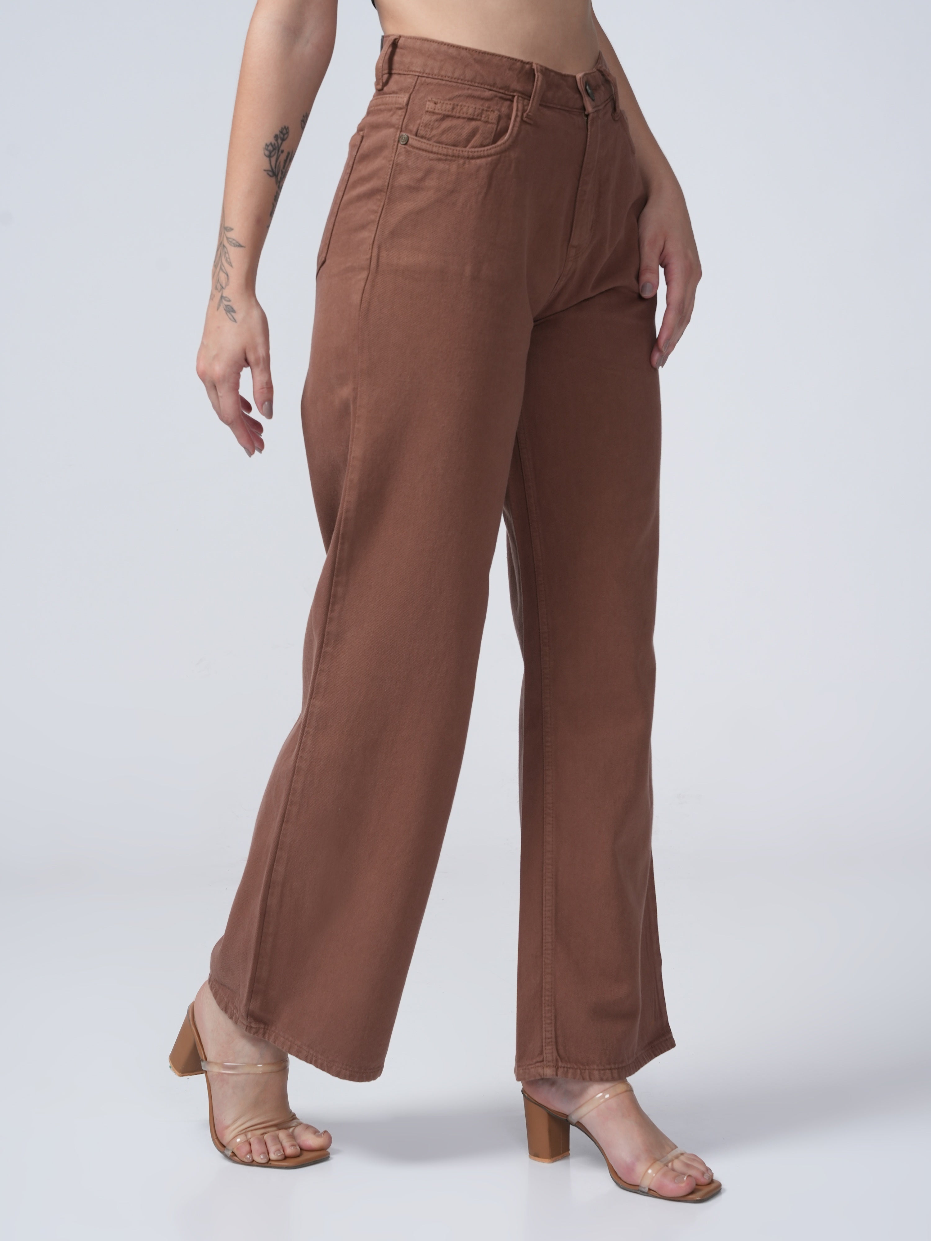 High Rise Wide Leg Denim - Brown.