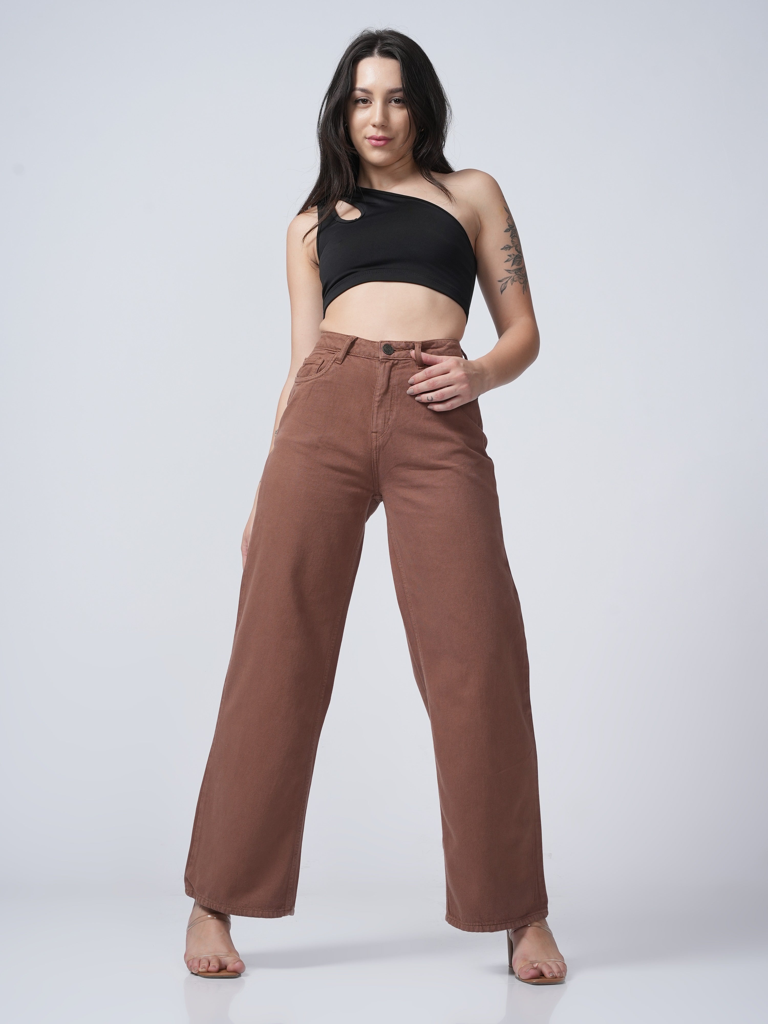 High Rise Wide Leg Denim - Brown.