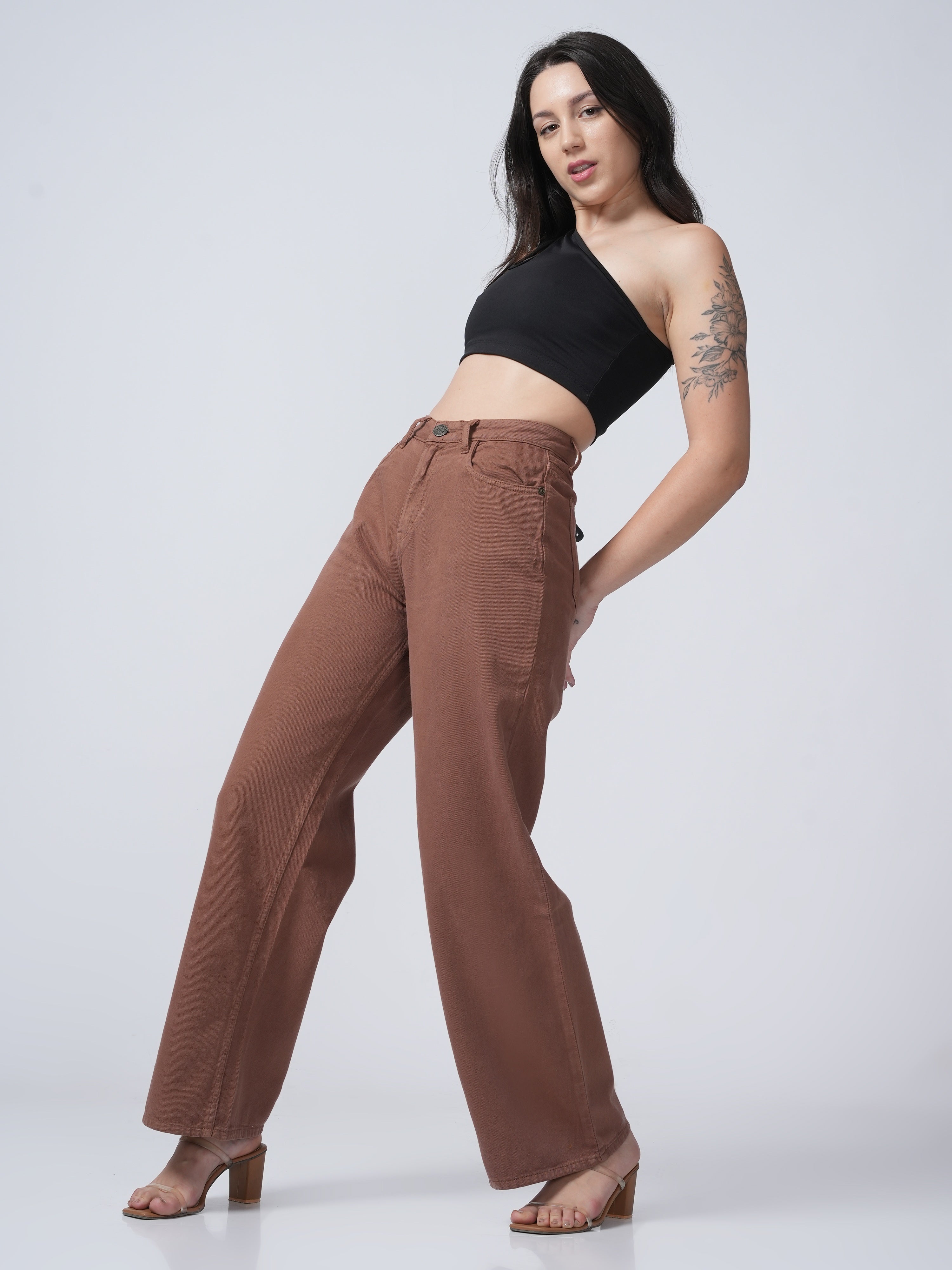 High Rise Wide Leg Denim - Brown.