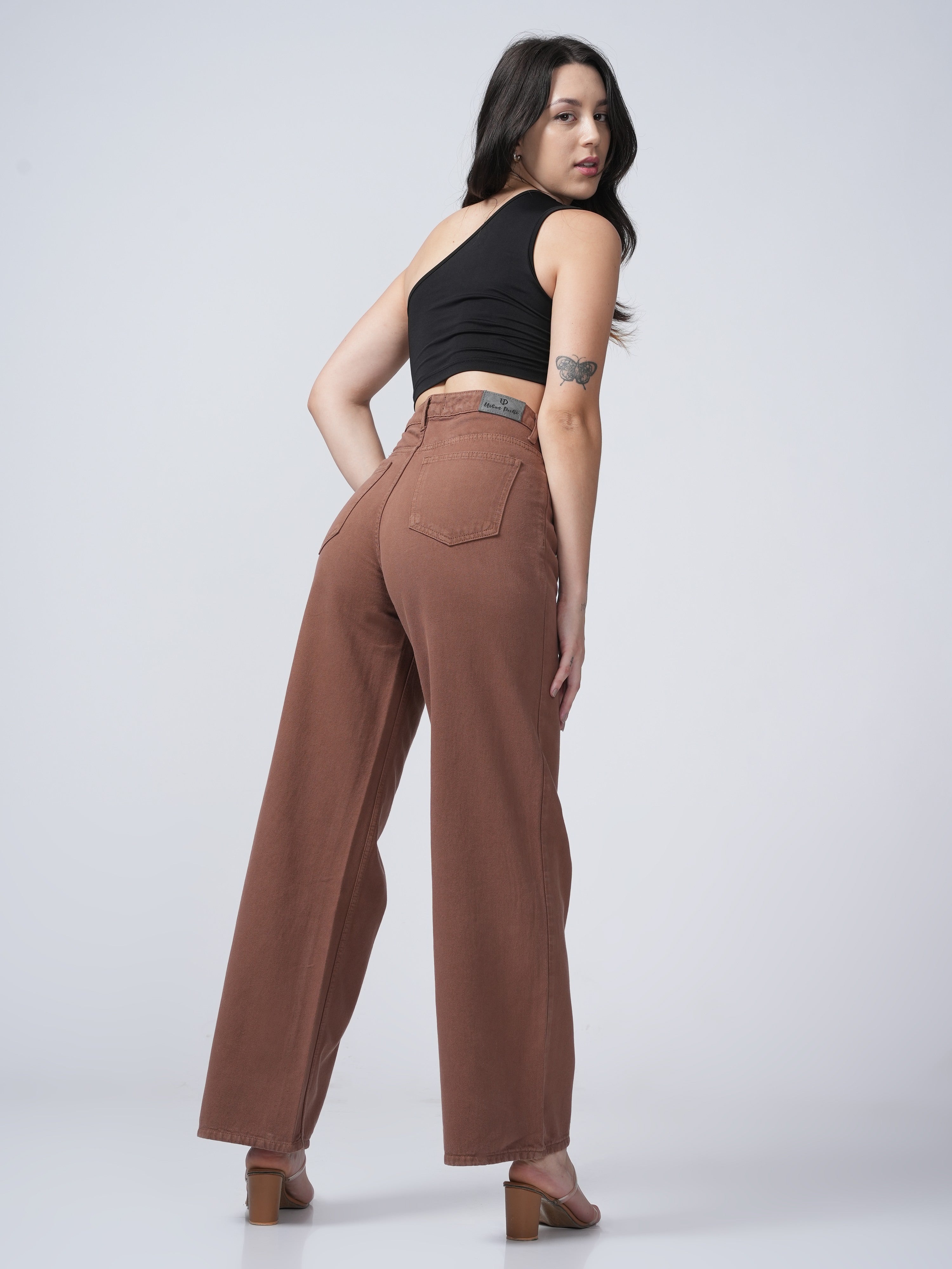 High Rise Wide Leg Denim - Brown.