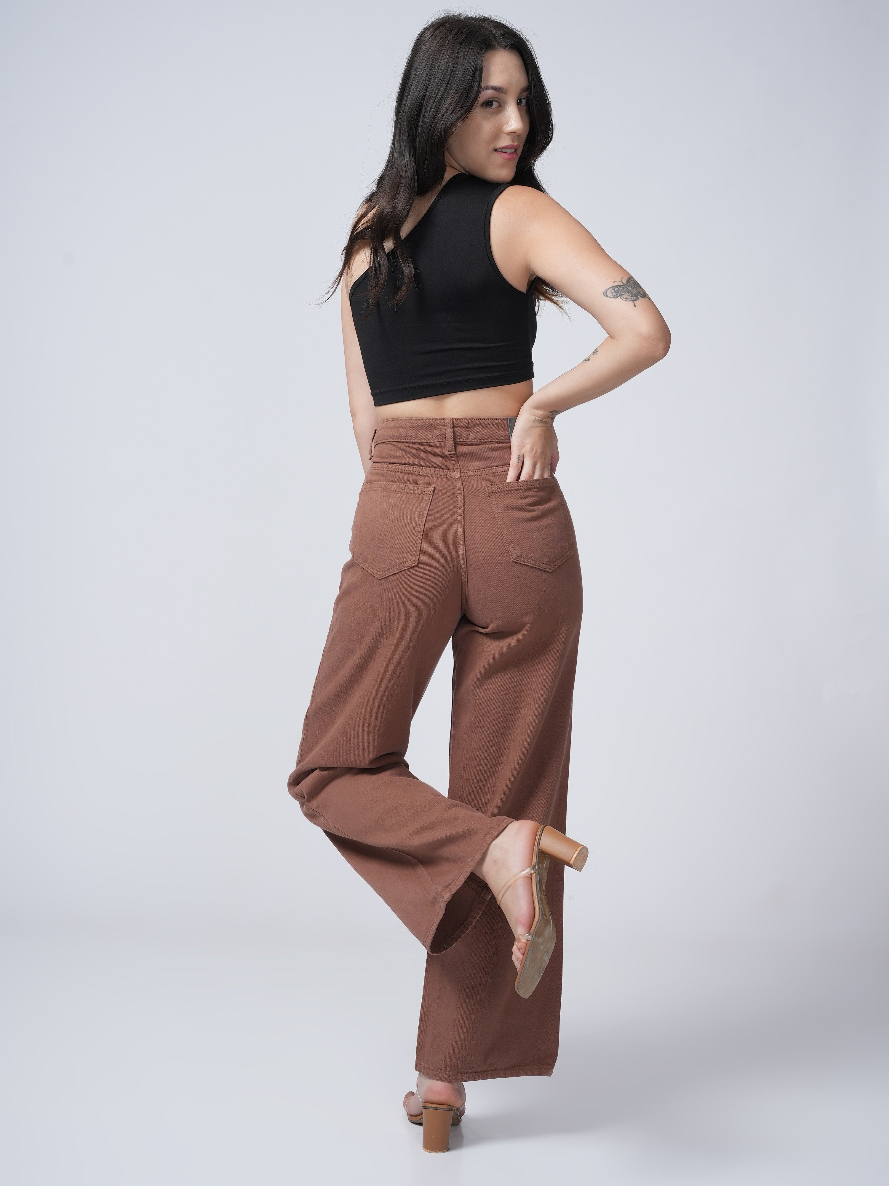 High Rise Wide Leg Denim - Brown.