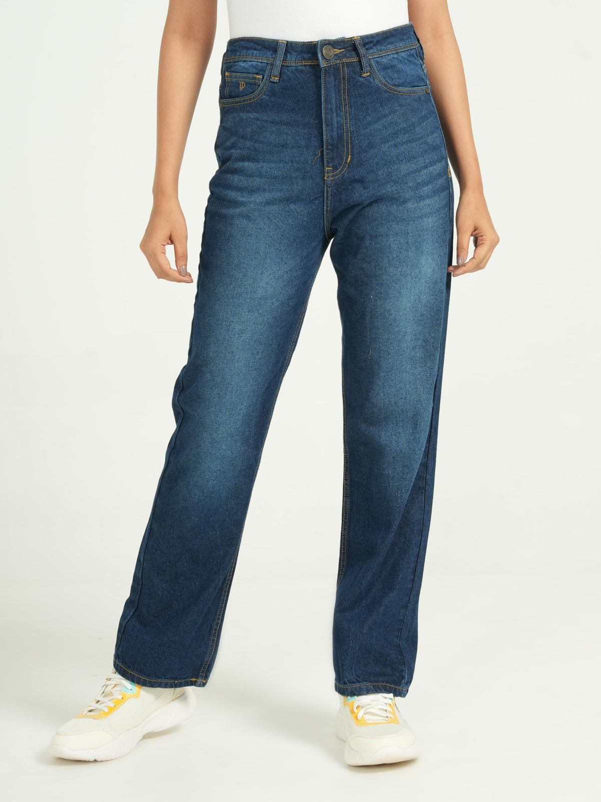 Dark Blue Shade High Rise Straight Fit Jeans