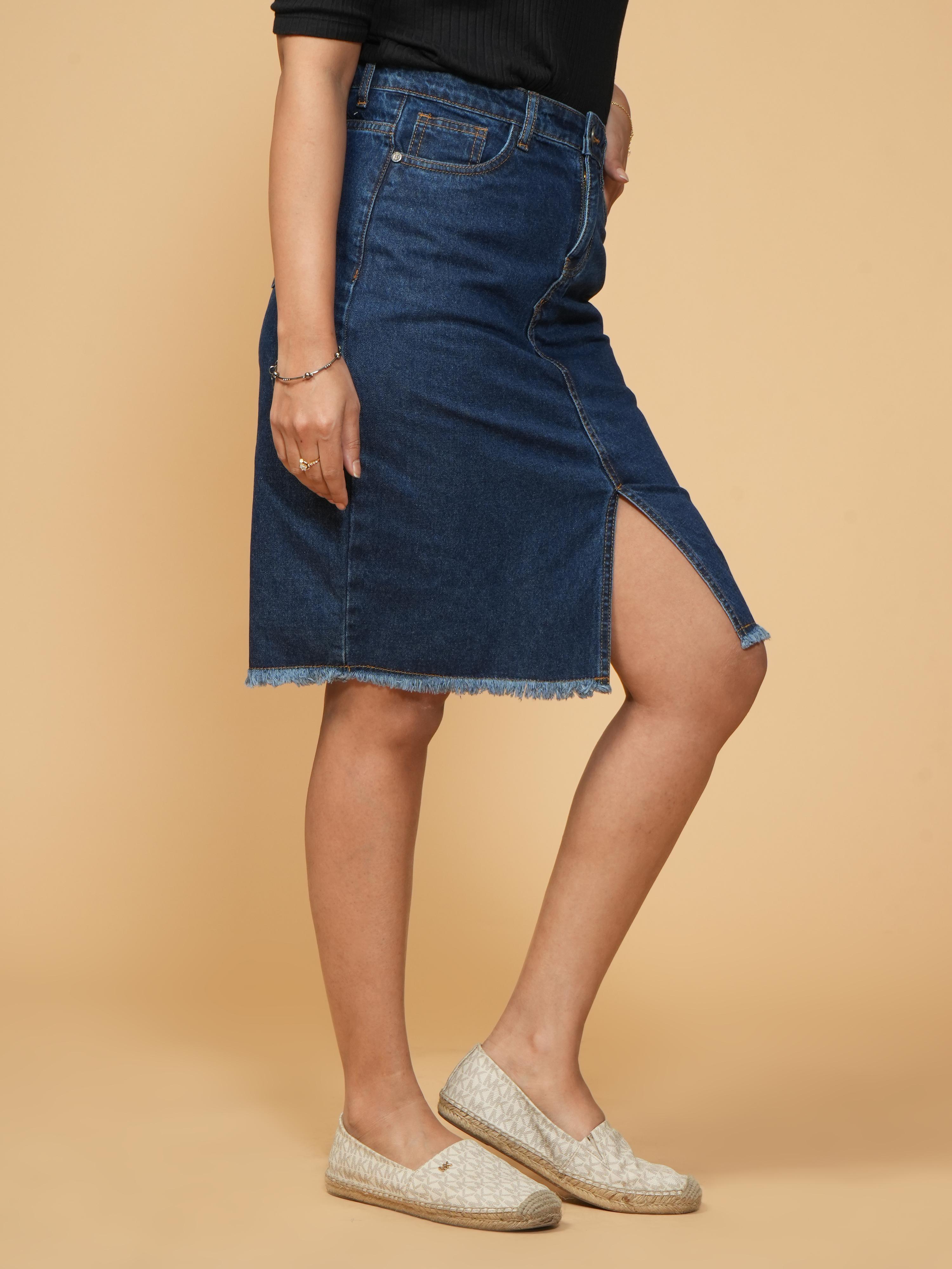 High Rise Indigo blue Knee Length Slit Denim Skirt