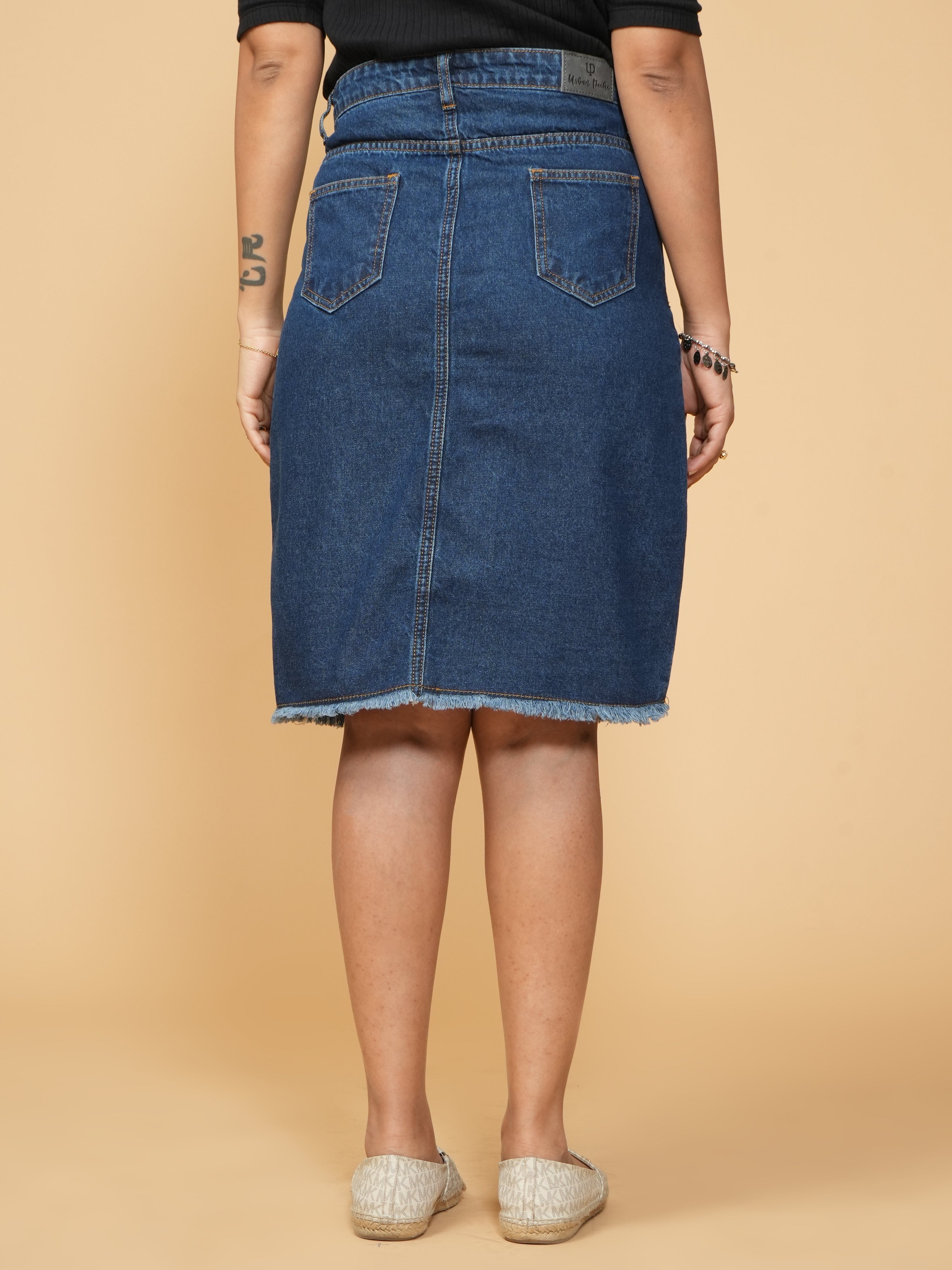 High Rise Indigo blue Knee Length Slit Denim Skirt