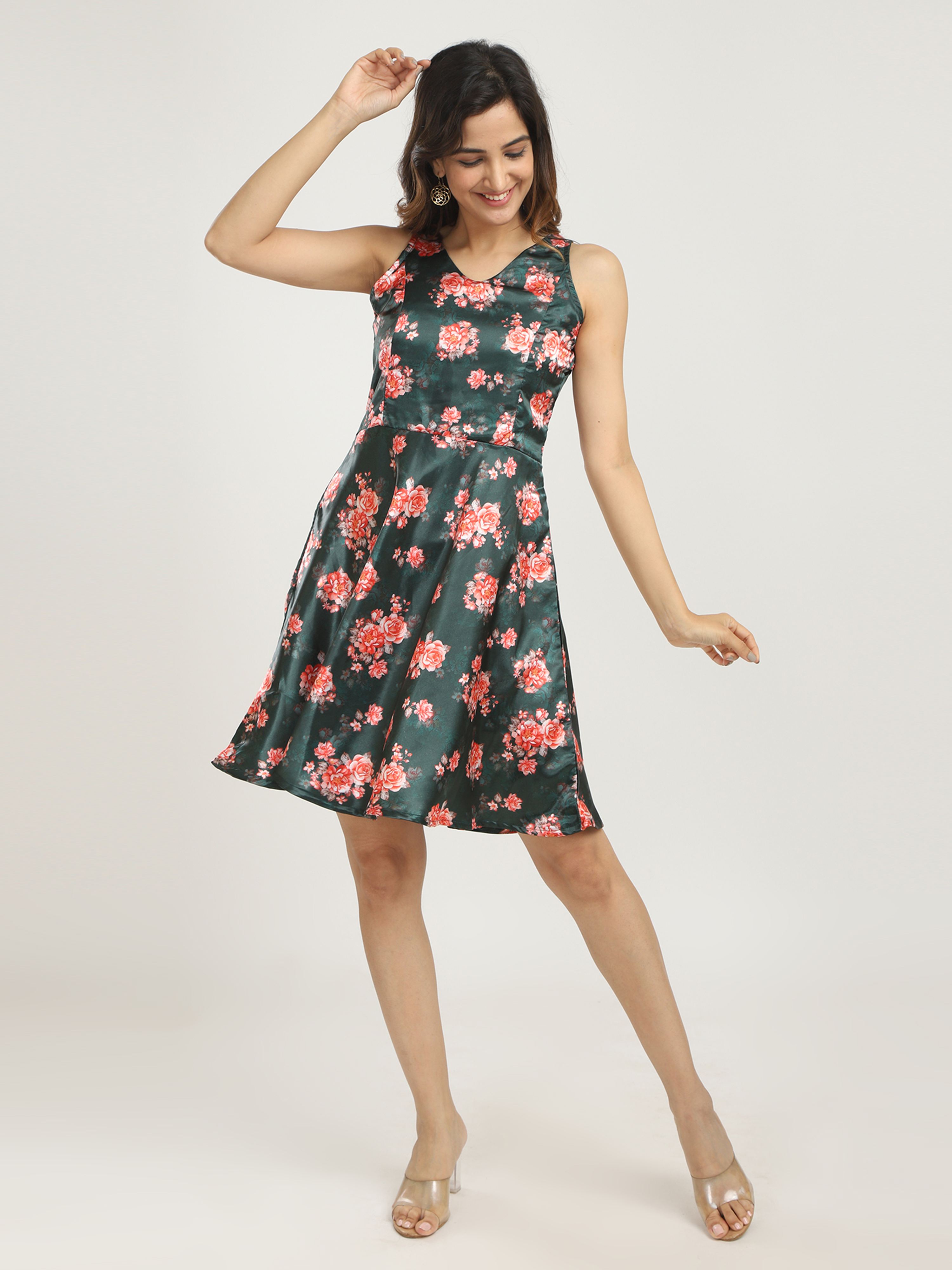 Satin Printed A-Line Dress - Green