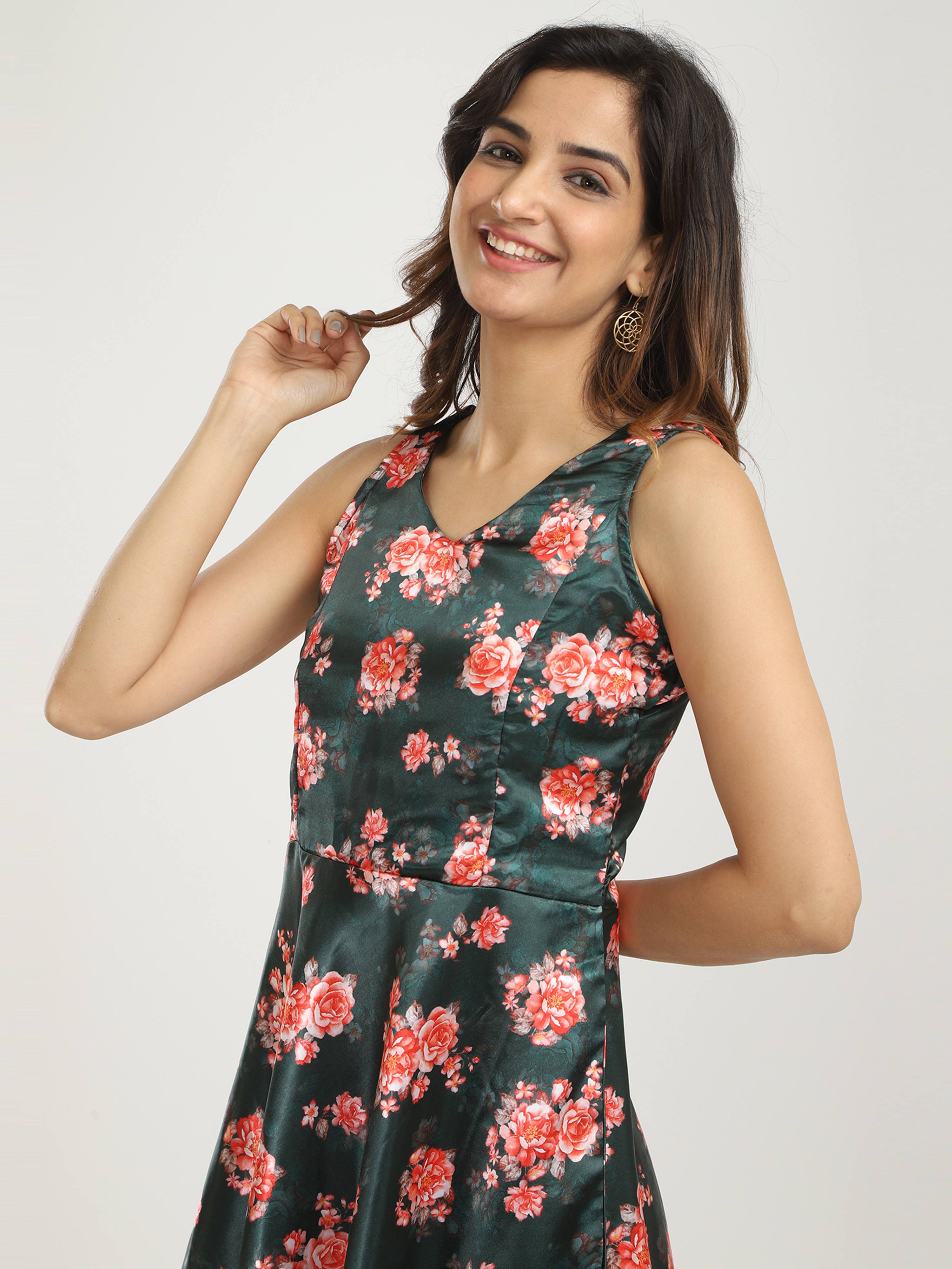 Satin Printed A-Line Dress - Green