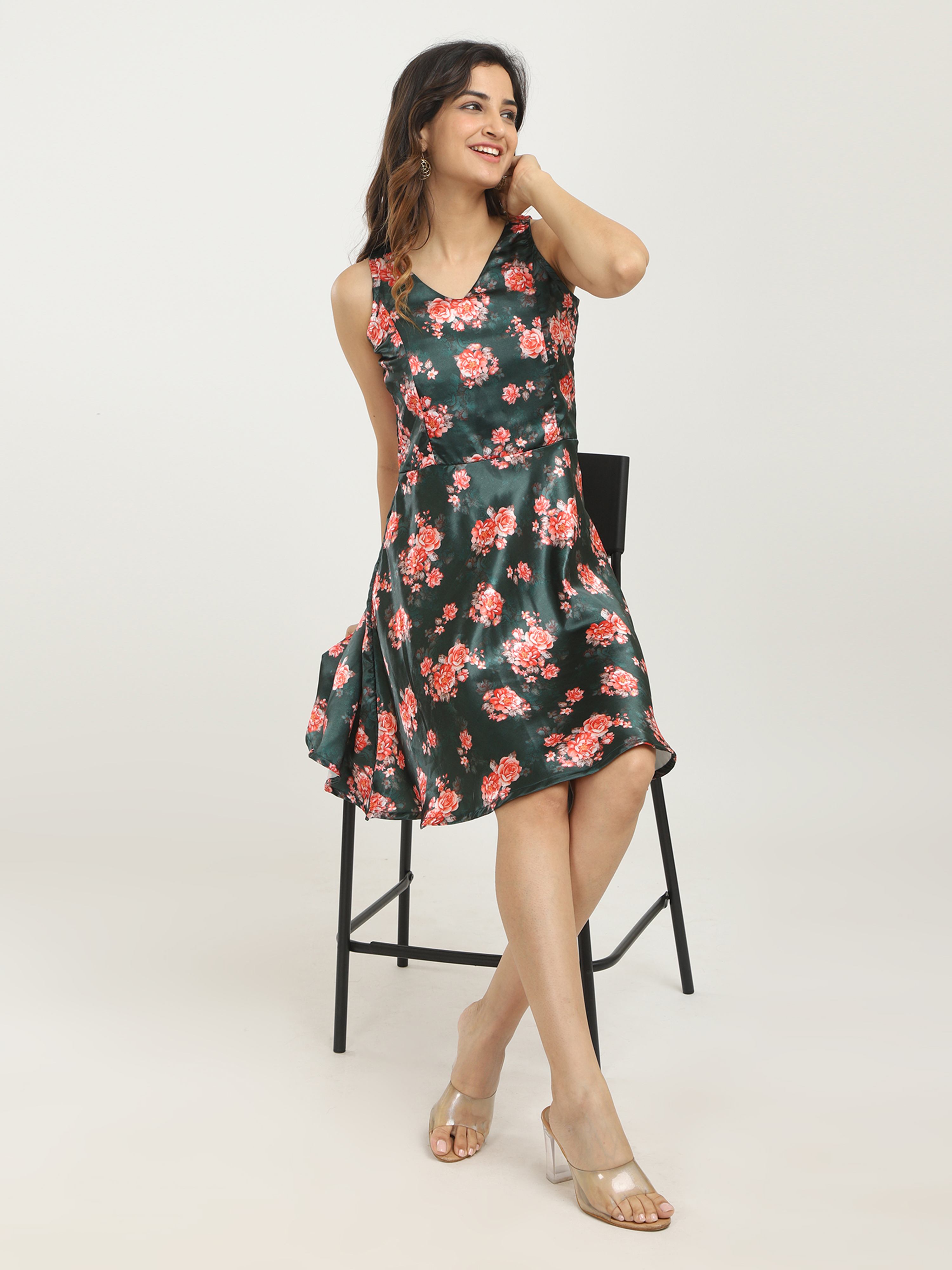 Satin Printed A-Line Dress - Green