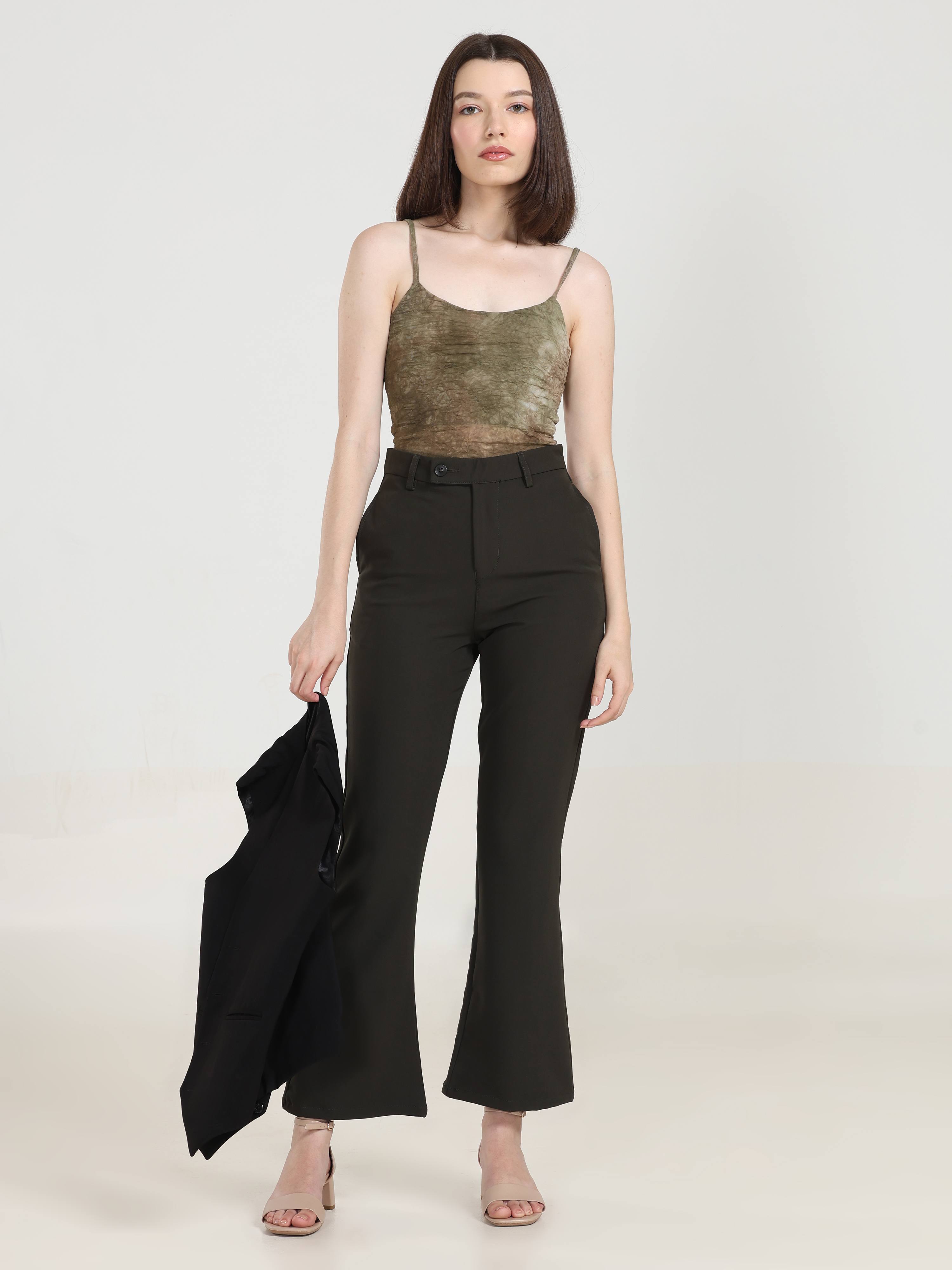 High Rise Bootcut Trousers -Dark Green