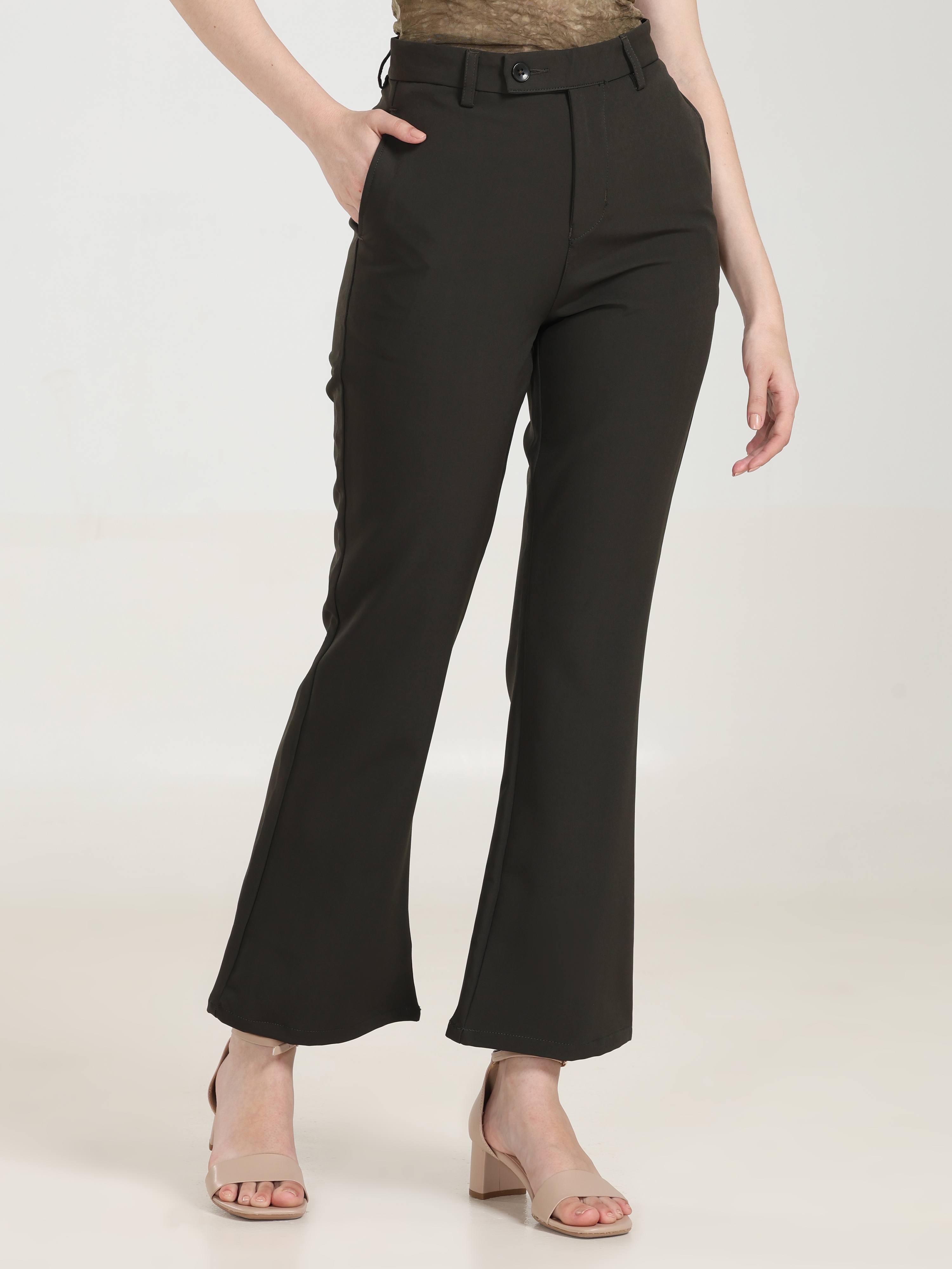 High Rise Bootcut Trousers -Dark Green