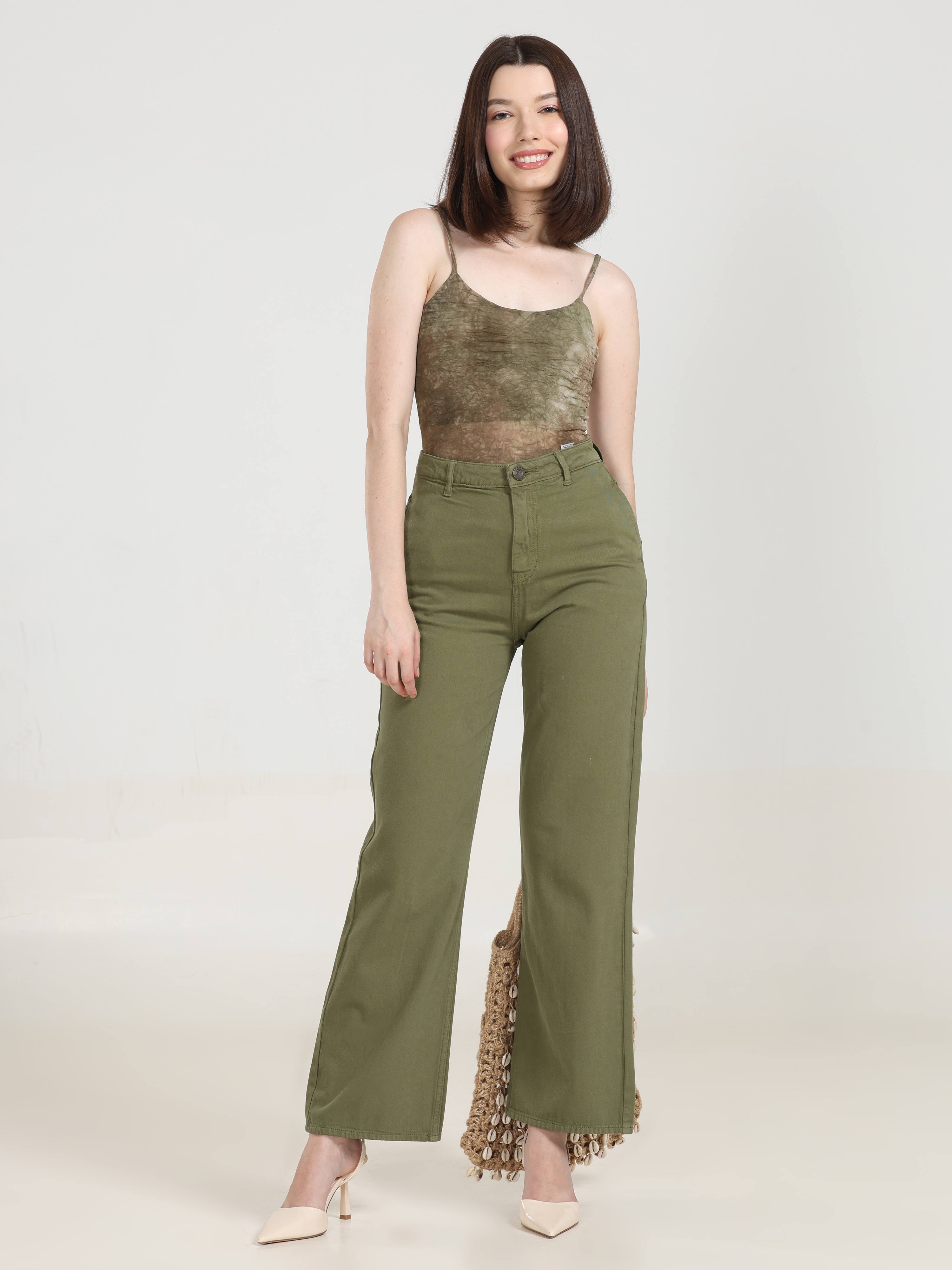 High Rise Wide Leg Denim - Olive Green