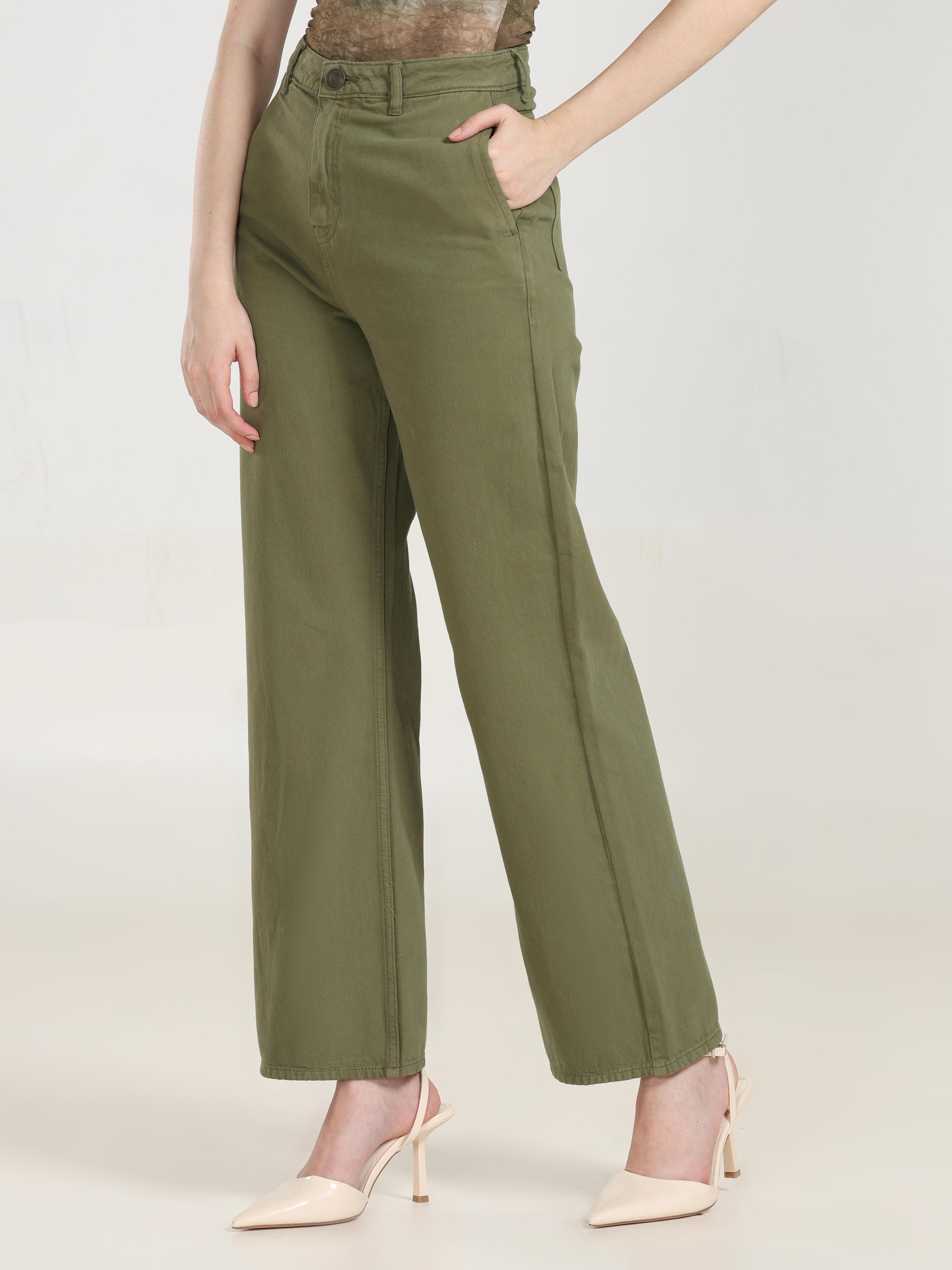 High Rise Wide Leg Denim - Olive Green