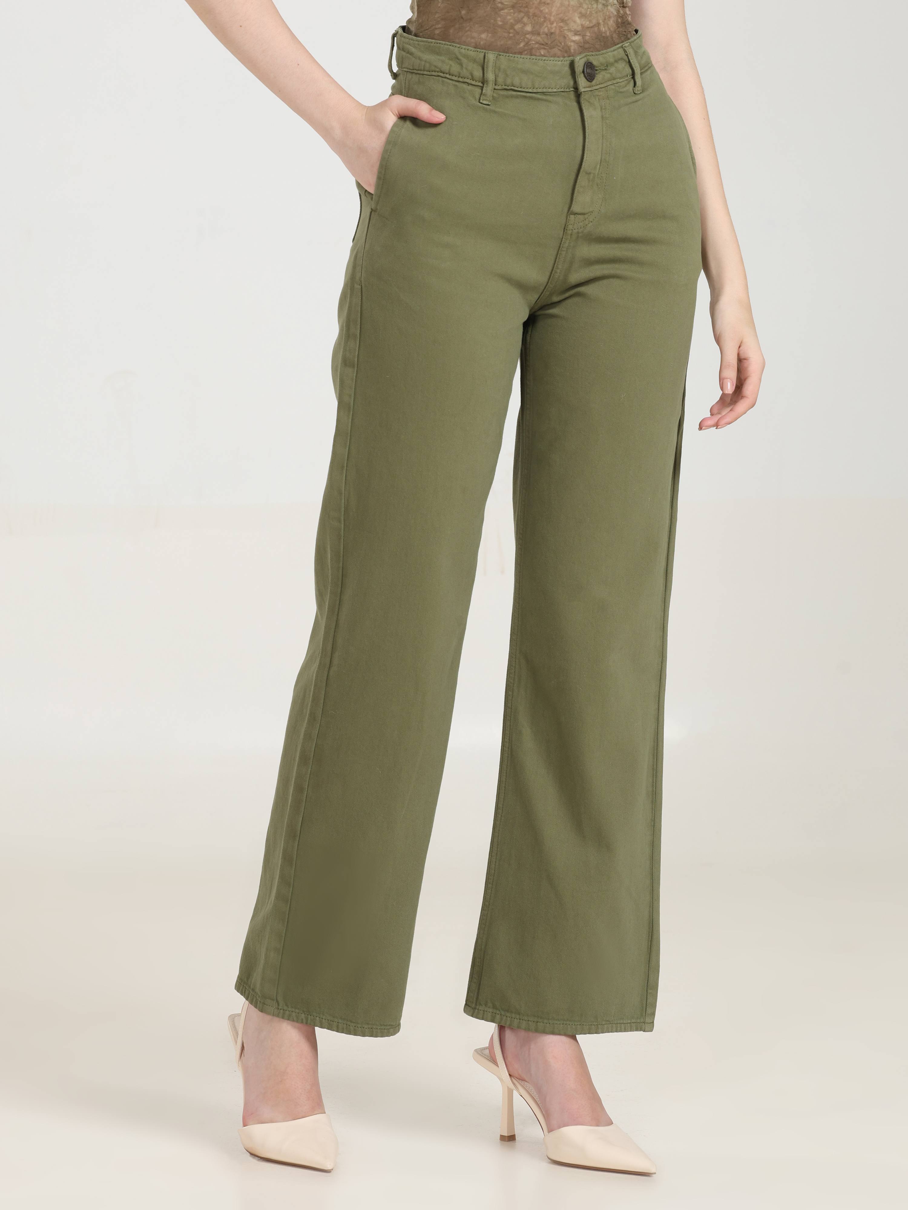 High Rise Wide Leg Denim - Olive Green