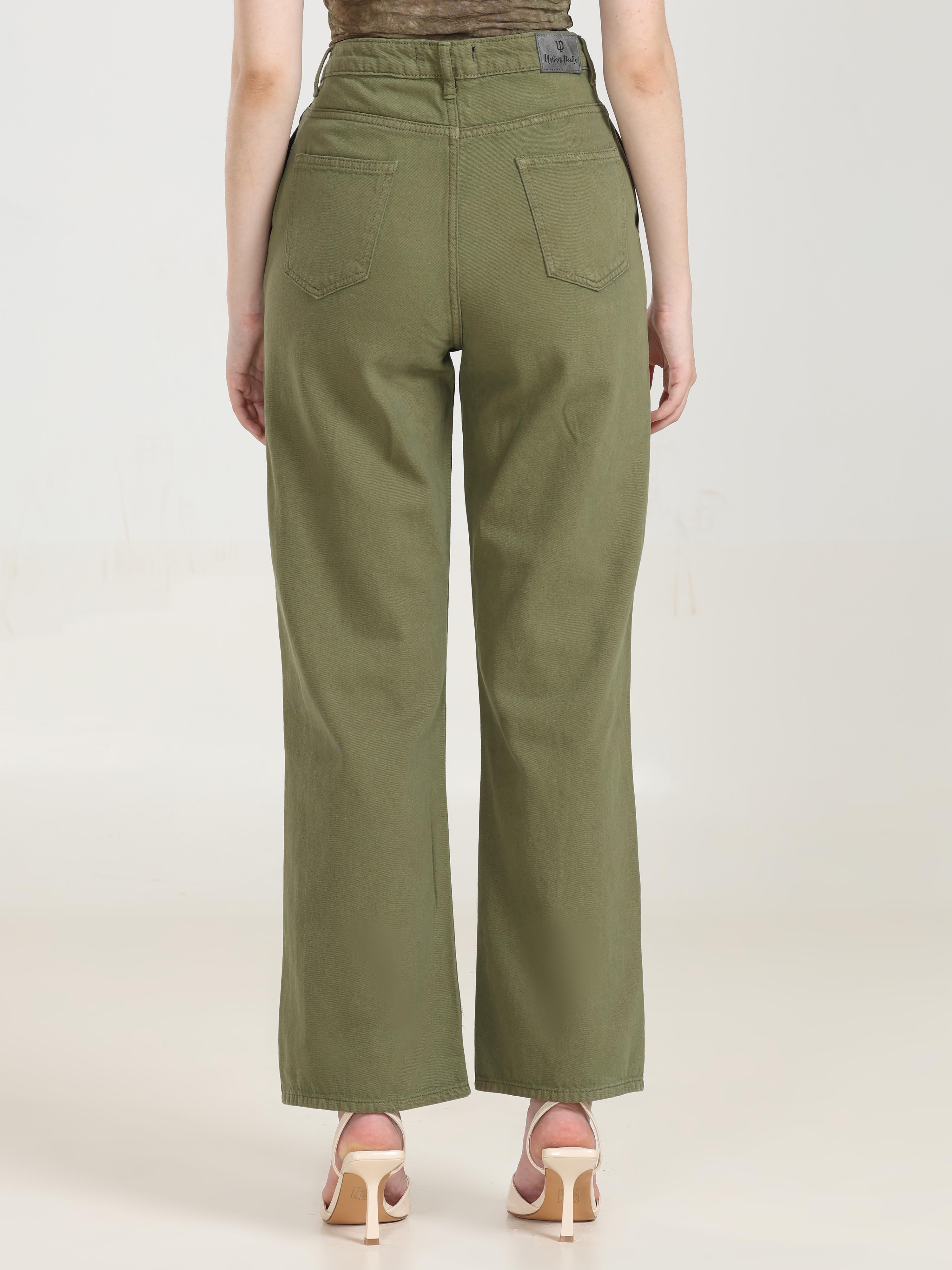 High Rise Wide Leg Denim - Olive Green