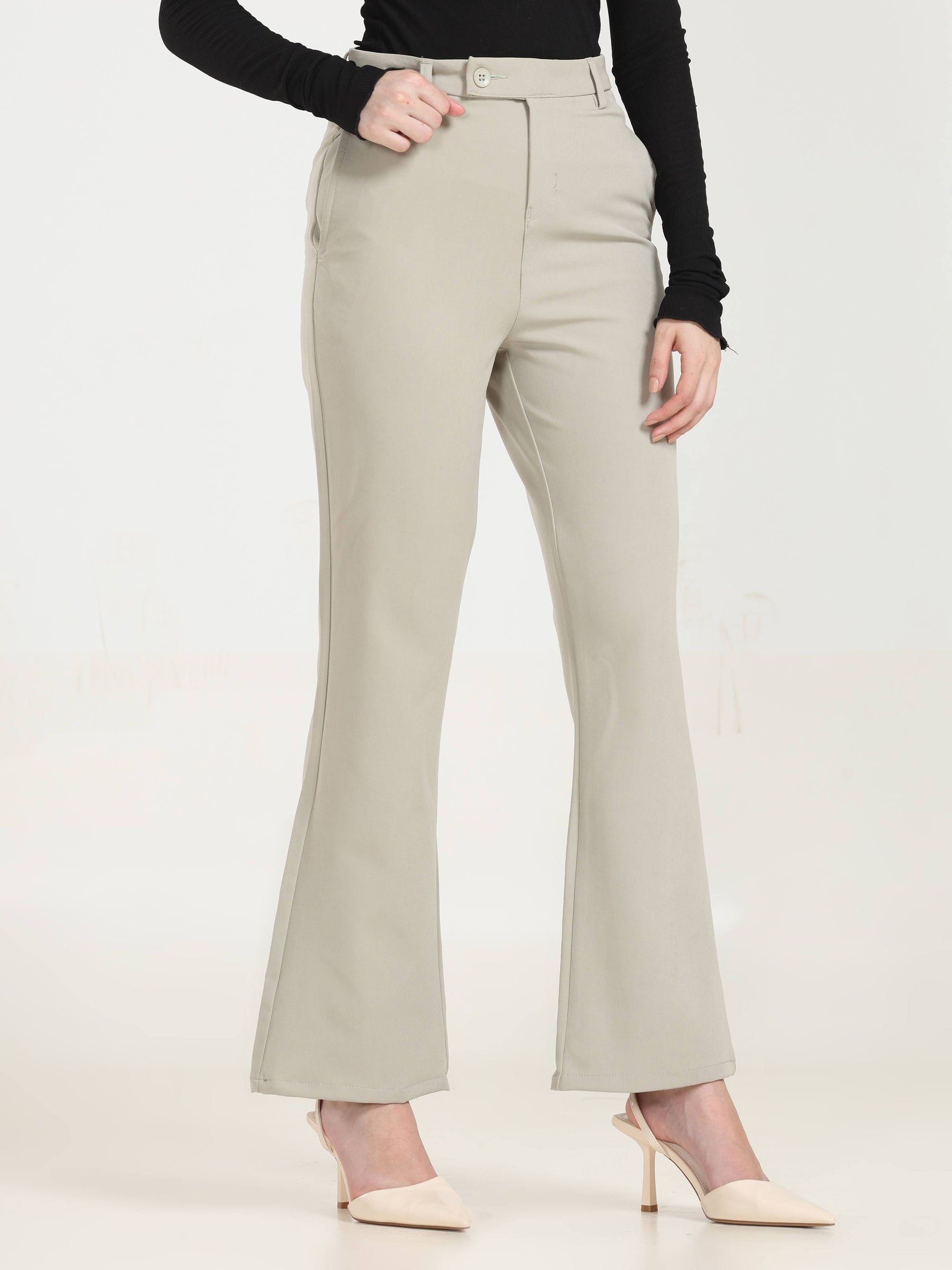 High Rise Bootcut Trousers - Beige