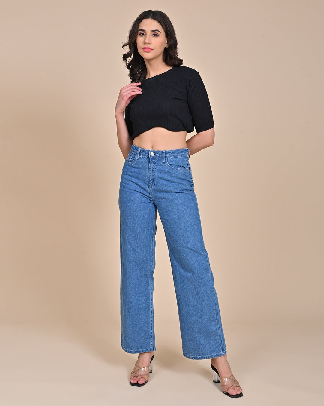 High Rise Wide Leg Denim Jeans - light Blue