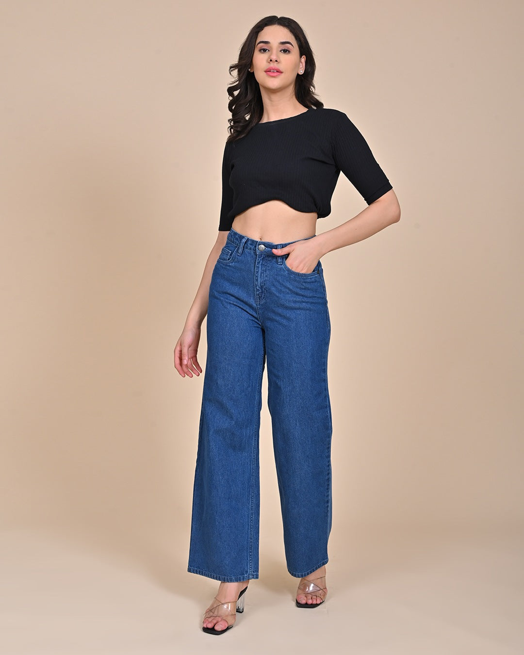 High Rise Wide leg Denim Jeans - Mid Blue